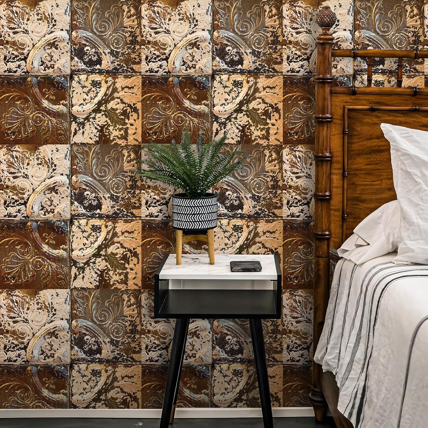 Stickyart 17.5"x276" Peel and Stick Distressed Tin Tile Wallpaper Removable Antique Faux 3D Tin Ceiling Tile Contact Paper Rustic Brown White Vintage Wallpaper for Backsplash Bedroom Living Room Wall