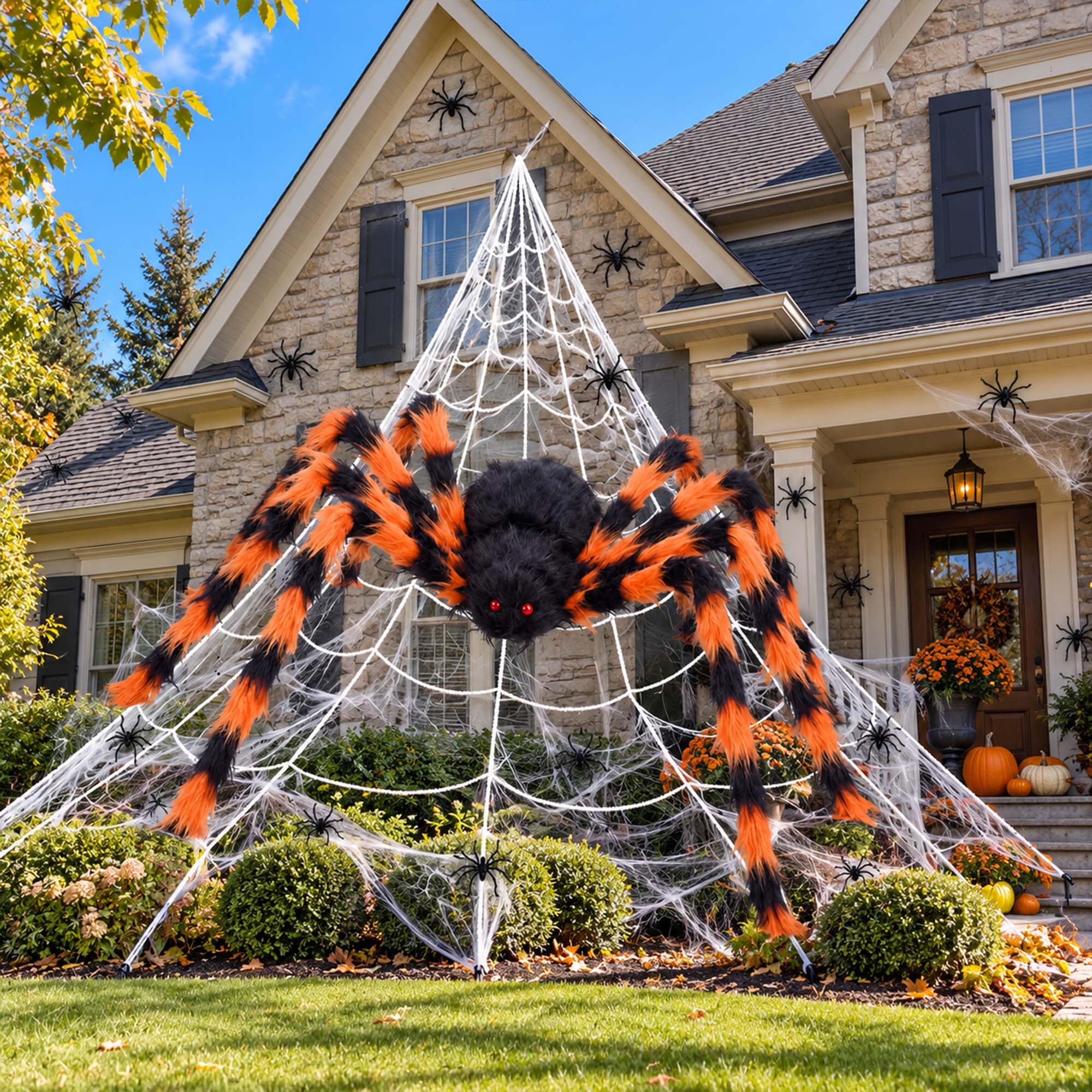 4PCS Set Halloween Giant Outdoor Spider Decorations with Cobweb Mini Spider