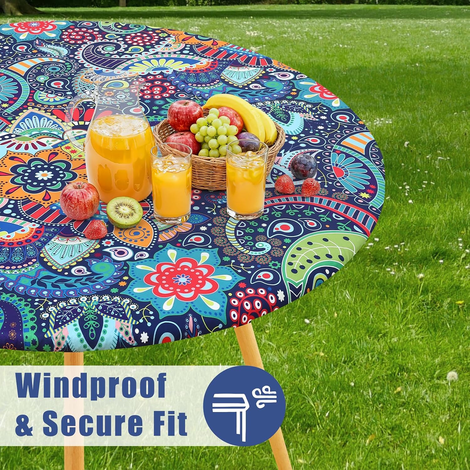 Moosfor Printed Spandex Round Tablecloth Fitted Table Cloth for 45-56 Table | Circle Patterned Elastic Table Cover, Stretch Washable Table Cloths for Picnic, Patio, Dining, Kitchen, Paisley