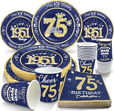 75th Birthday Decorations Blue and Gold, Service for 30, Vintage Plates and Napkins Includes Blue and Gold 1951 Plates, Napkins,Cups 75th Birthday Decorations for Men Women