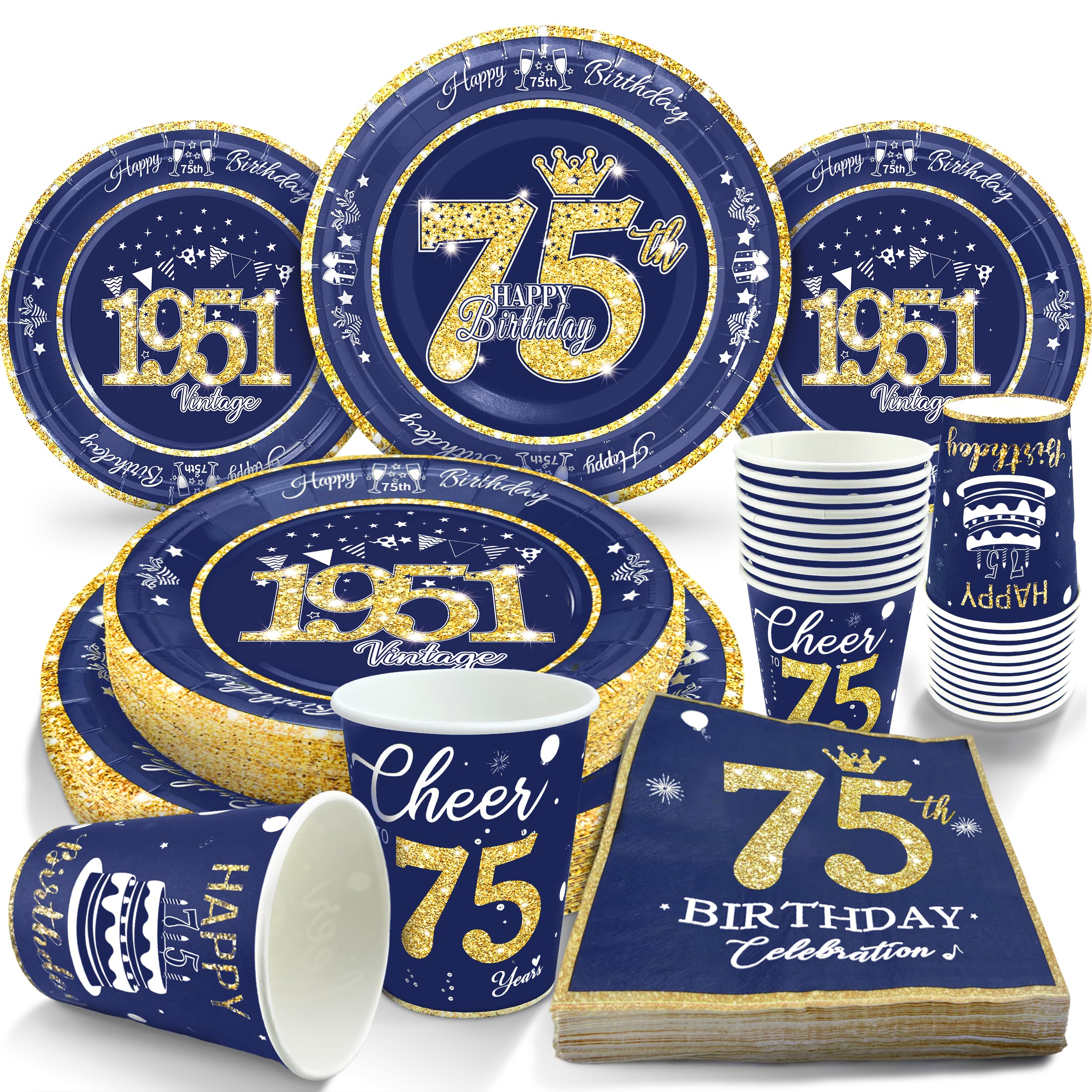 algpty 75th Birthday Decorations Blue and Gold, Service for 30, Vintage Plates and Napkins Includes Blue and Gold 1951 Plates, Napkins,Cups 75th
