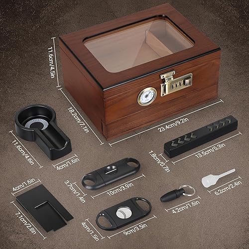 Miniatura 3 de Scotte Humidor de puros, caja de humidor de cigarros de madera de cedro con cajón de accesorios de higrómetro, parte superior de vidrio y cerradura