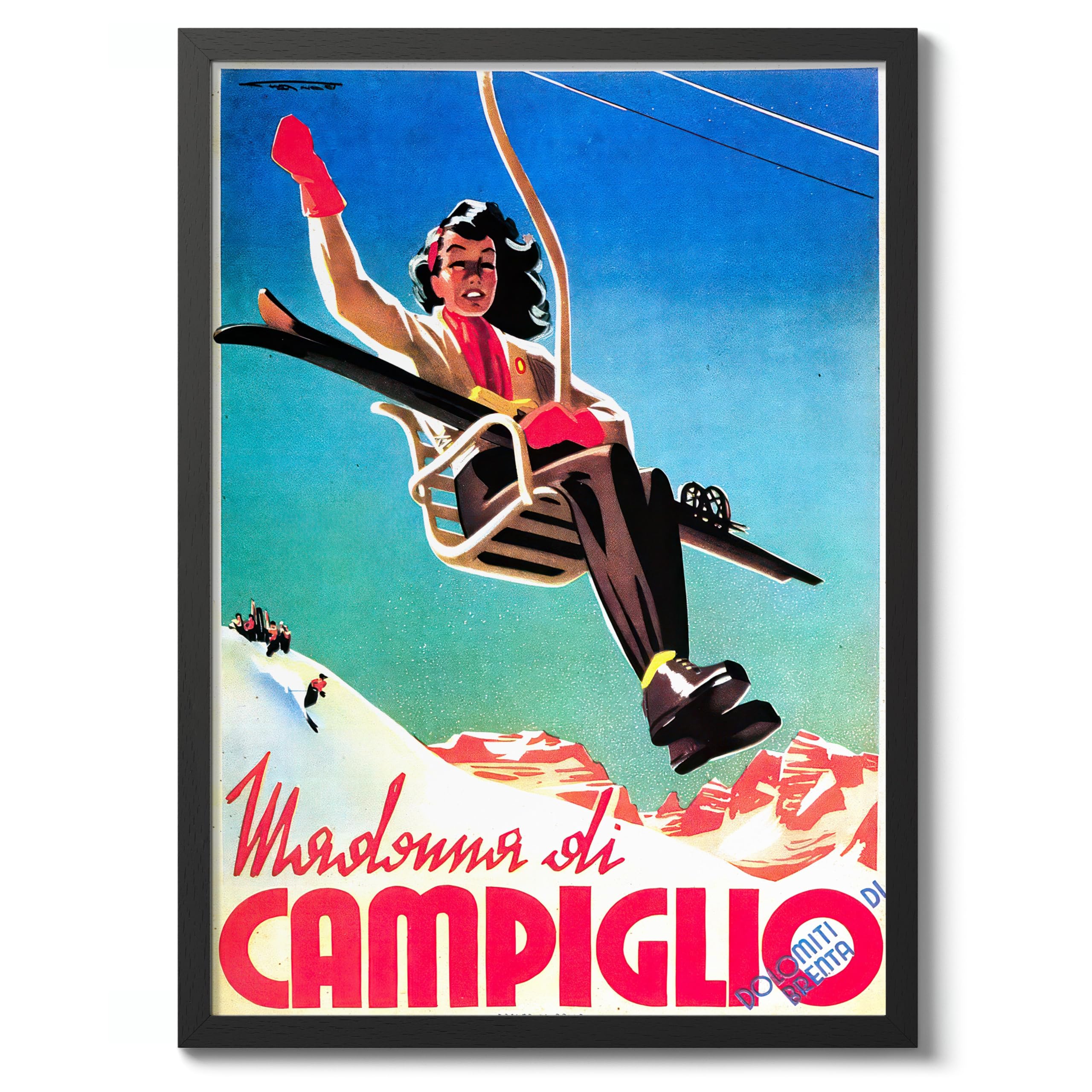 Campiglio, Italy - Skiing Vintage Skiing Poster, Minimalist Wall Art, Mountain Travel Prints, Snow, Ski Trip Home Decor, 50x70cm (Black Frame) - 53x73cm