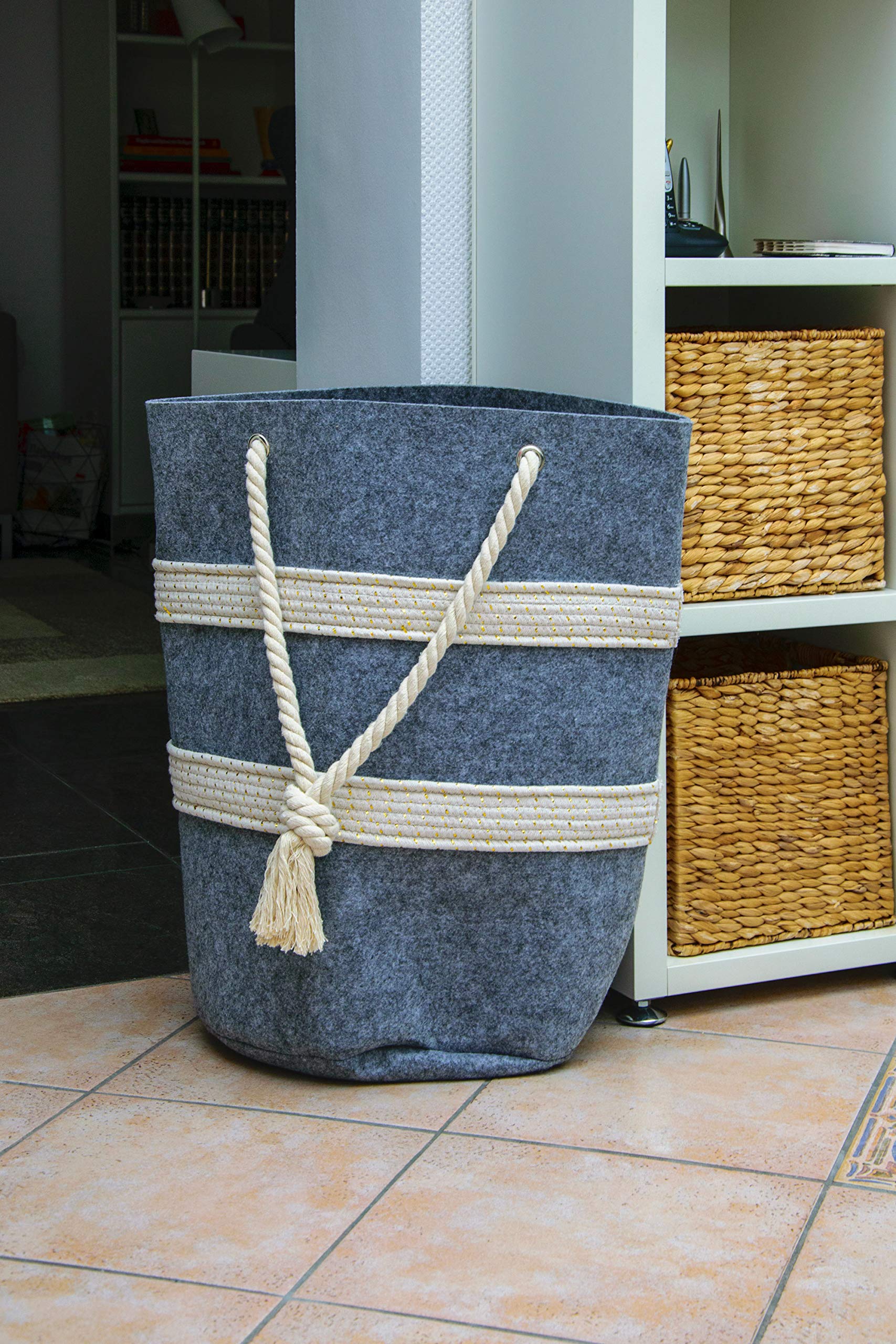 dobar® 87802e filcowy kosz z uchwytami do noszenia, pojemnik filcowy na drewno kominkowe, czasopisma, pranie, torba filcowa, torba do przechowywania, 40 x 40 x 60 cm, szary/biały