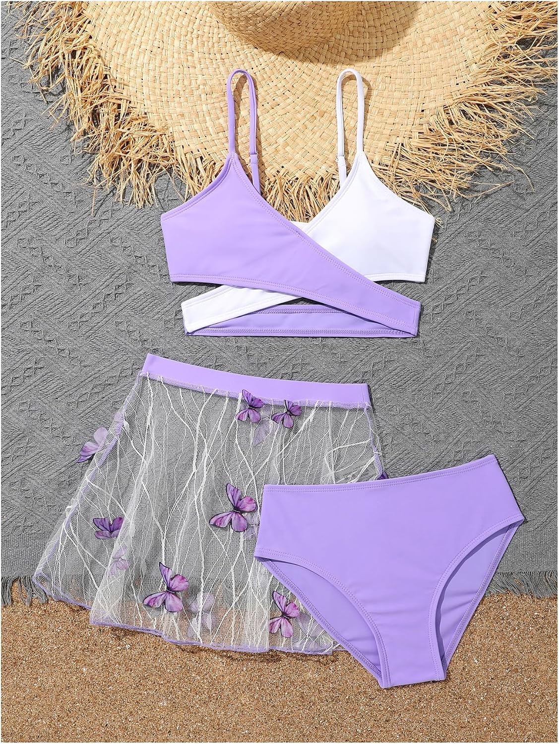 Verdusa Girl's 3Pcs Criss Cross Wrap Bikini Sets Swimsuit with See Through Butterfly Print Beach Skirt