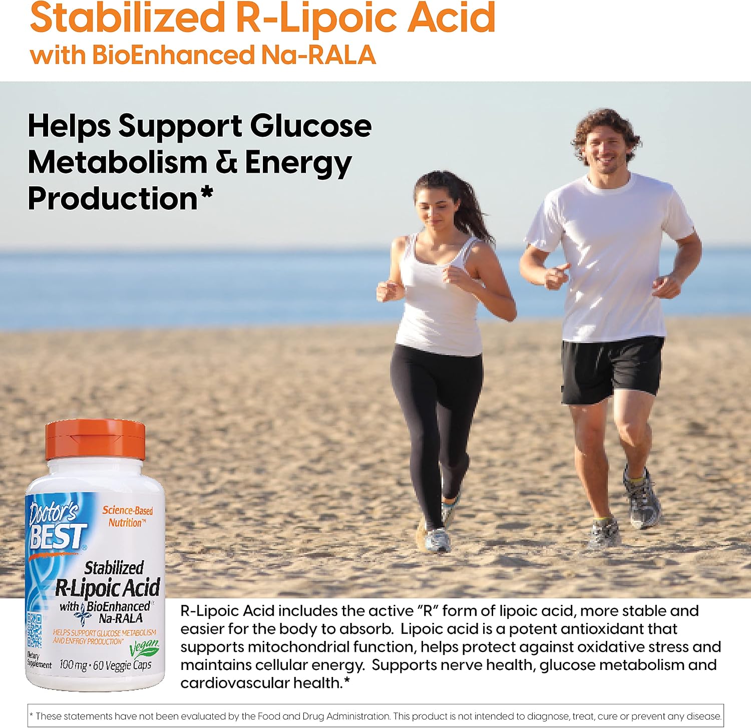 Doctor's Best Stabilized R-Lipoic Acid with BioEnhanced Na-RALA, Helps Support Glucose Metabolism and Energy Production* Non-GMO, Gluten Free, Vegan, 100 mg, 60 Count