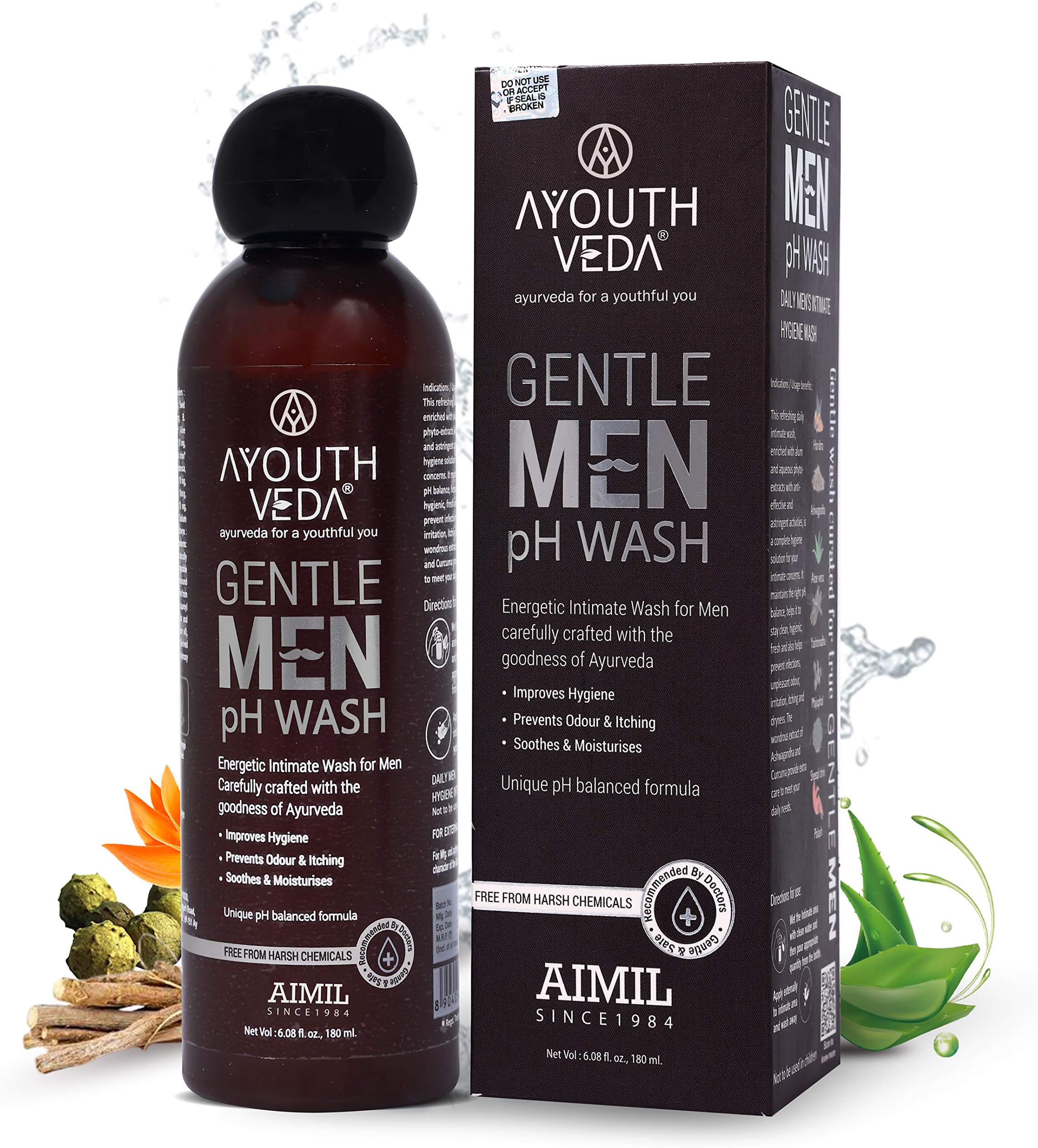 Ayouthveda Gentlemen PH Wash | Intimate Hygiene Wash For Men | PH Balancing Formula, Prevents Dryness, Itchiness & Bad Odor | Enriched With Aloe Vera, Haridra & Ashwagandha (Pack Of 1-180ml)