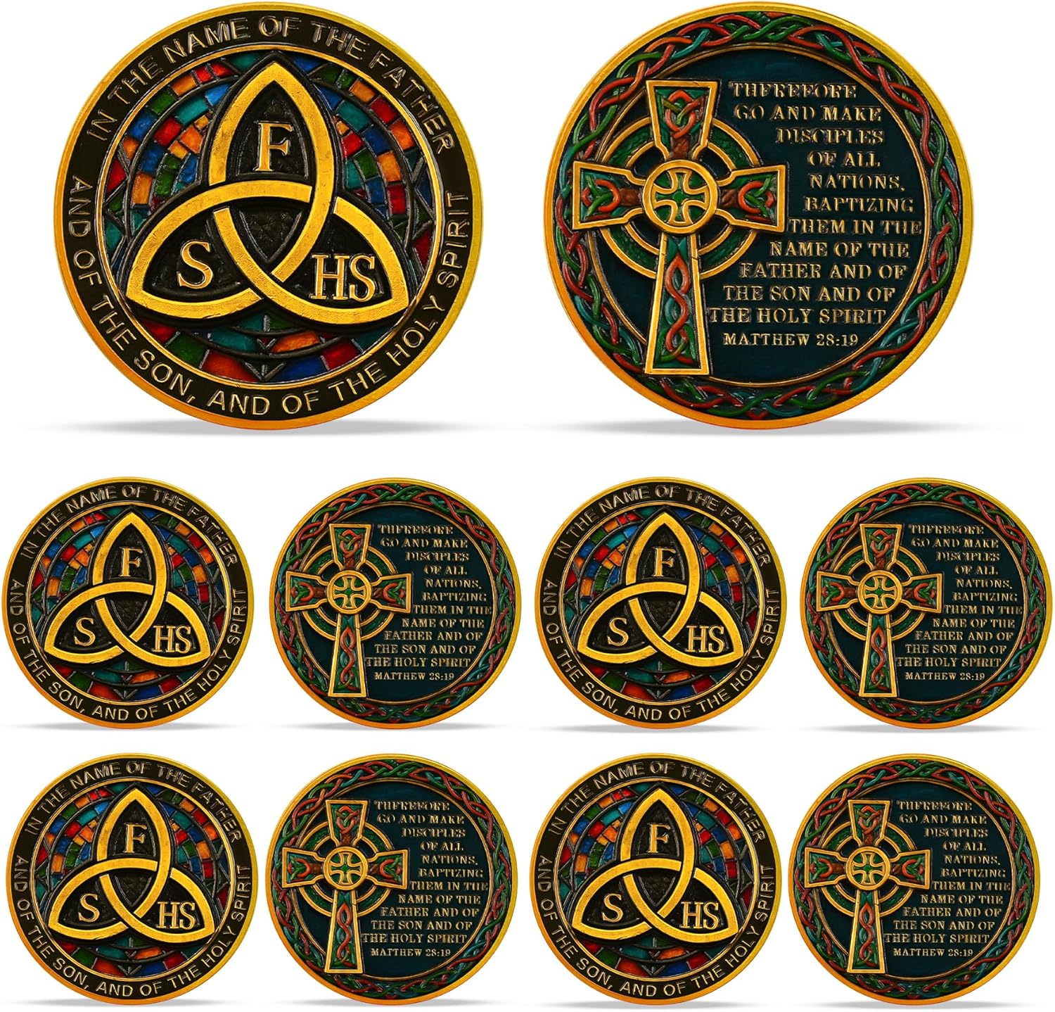 10 PCS Celtic Knot Christian Challenge Coin - Stained Glass Triquetra Jesus Religious Chip - God Matthew 28:19 Pocket Bible Verses Token for Study - Inspirational Irish Witches Good Luck Charmed Gifts