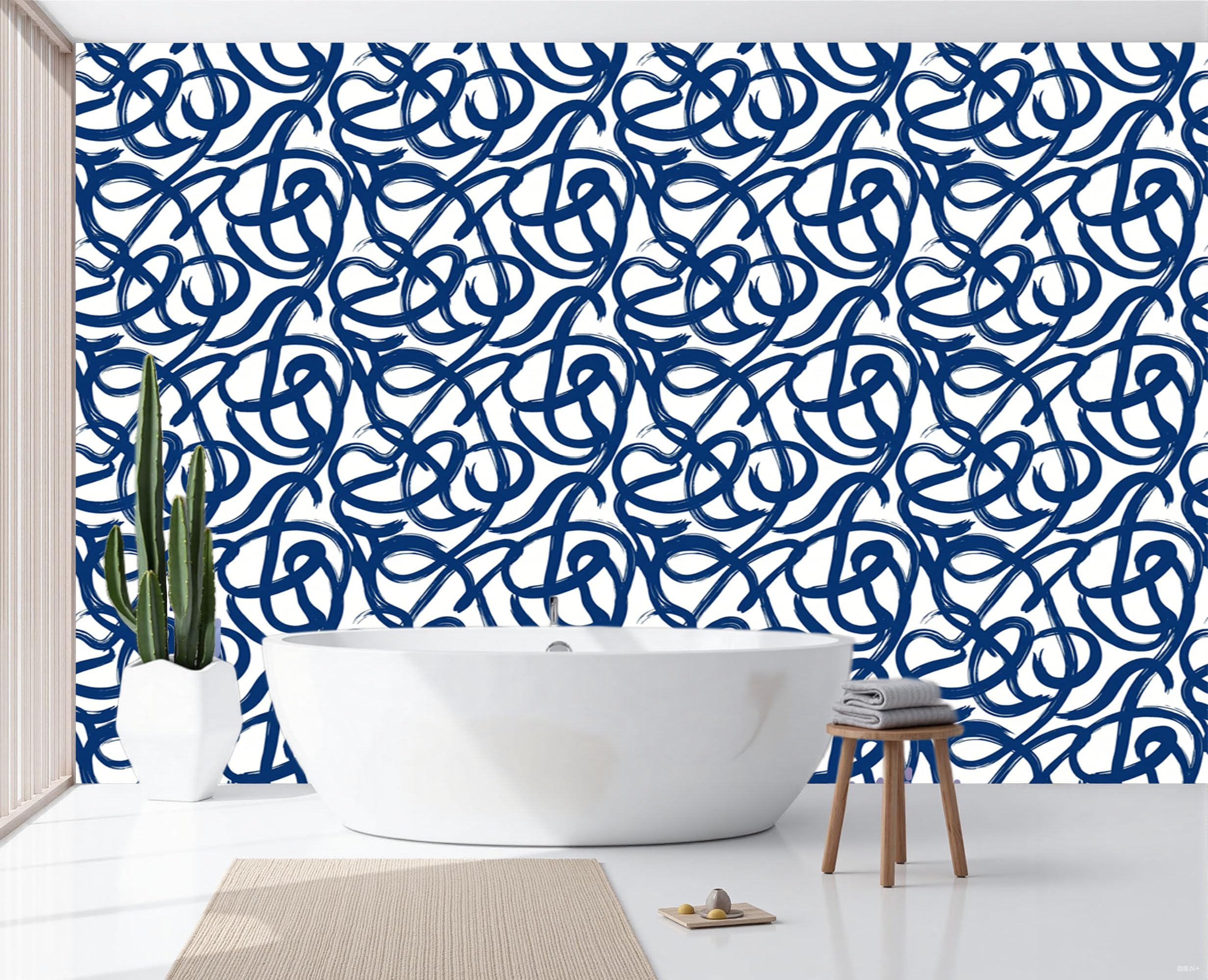 Papier peint soie lignes abstraites bleu marine 300x210 cm pour grand mur de salon moderne