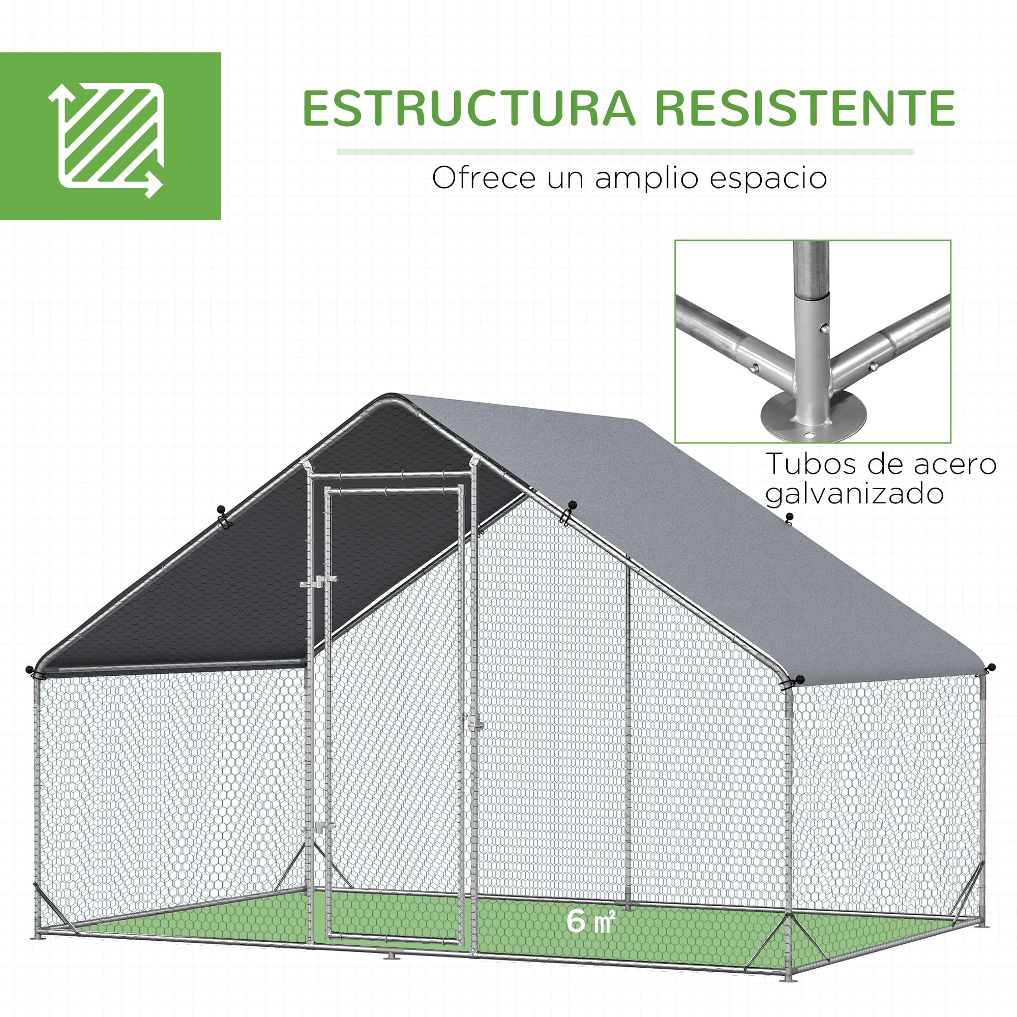 PawHut Gallinero Exterior Grande 3x2x2 m Jaula 4-6 Gallinas Acero Galvanizado Cubierta PE Cerradura Plata