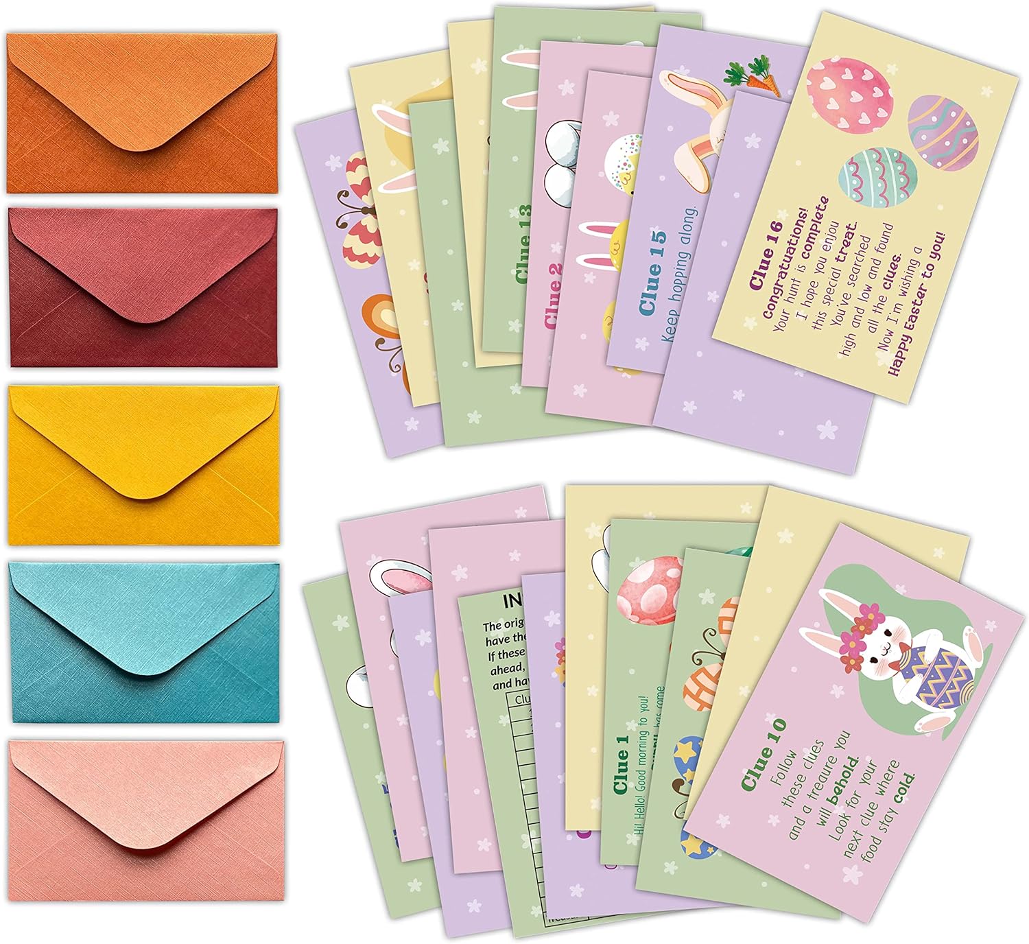Easter Treasure Hunt Clues Game Cards, Bunny Scavenger Hunt Card Game(21 Cards With Envelopes), Indoor Ourdoor Party Games Supplies Activities for Adults Family Teachers Students(A05)
