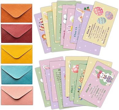 Easter Treasure Hunt Clues Game Cards, Bunny Scavenger Hunt Card Game21 Cards With Envelopes, Indoor Ourdoor Party Games Supplies Activities for Adults Family Teachers StudentsA05