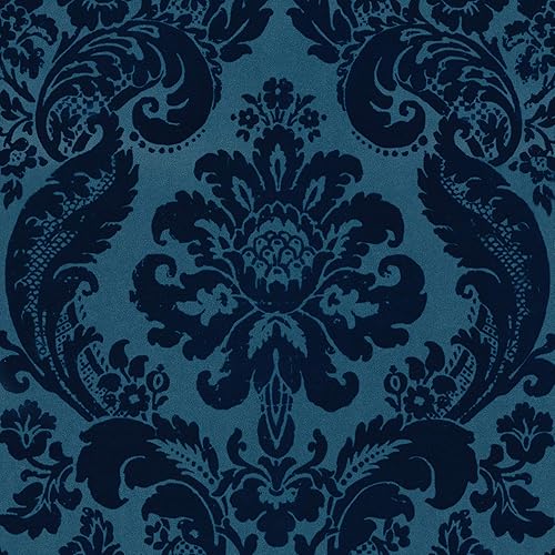 A-Street Prints 2763-87310 Shadow Flocked Damask Wallpaper, Blue
