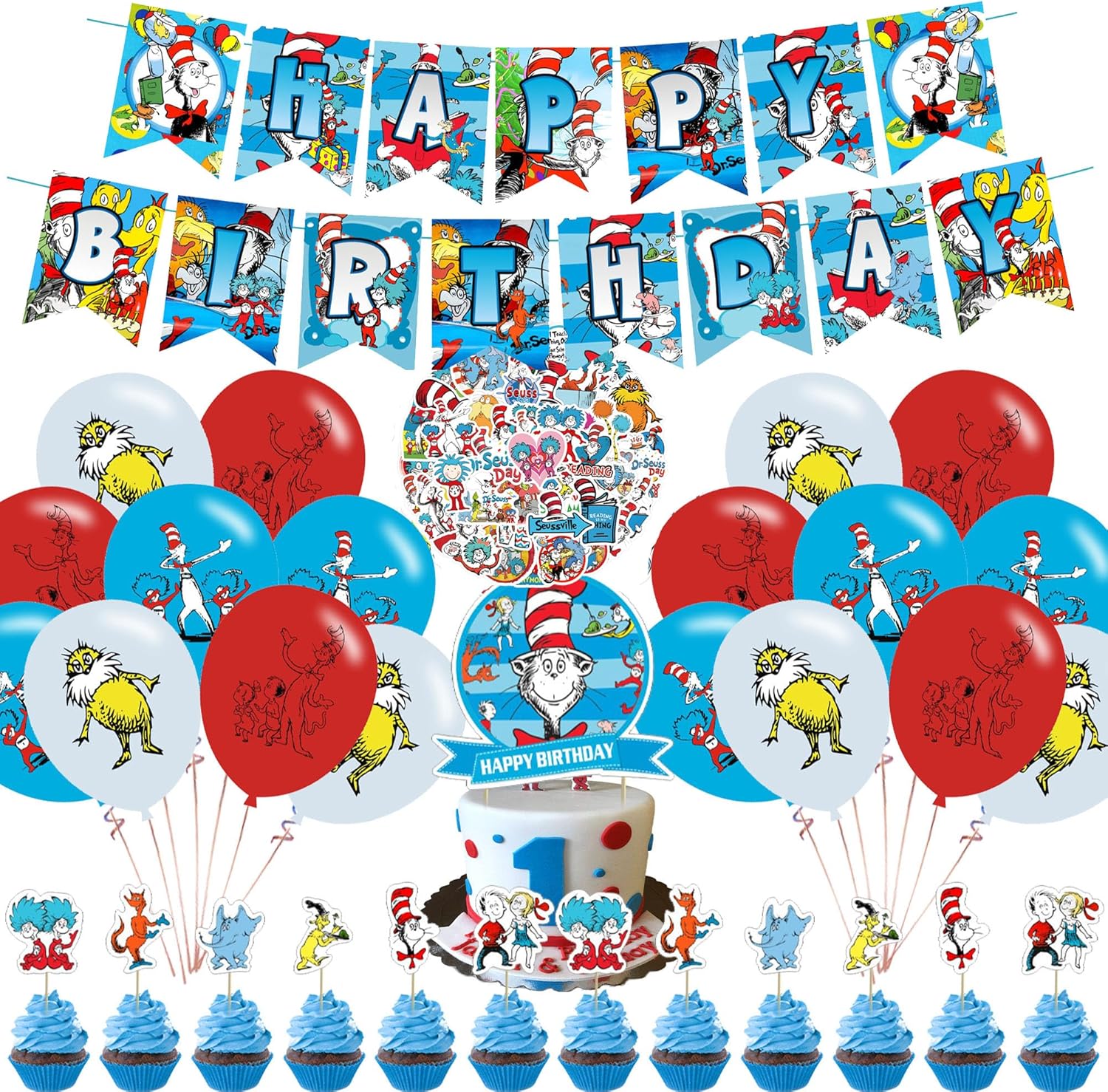 Seuss Cat Birthday Party Cat Decorations, Thing 1 And Thing 2 Party Supplies Set with Happy Birthday Banner, Cake topper, Cupcake Toppers, Balloons for Cat In The Hat Party Decorations