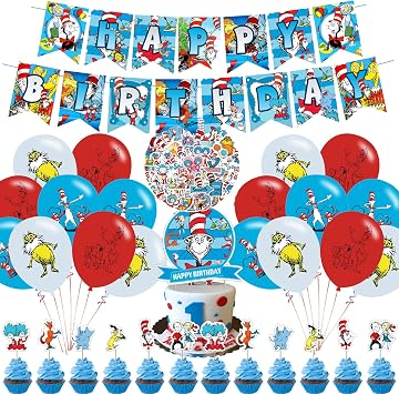 Seuss Cat Birthday Party Cat Decorations, Thing 1 And Thing 2 Party Supplies Set with Happy Birthday Banner, Cake topper, Cupcake Toppers, Balloons for Cat In The Hat Party Decorations