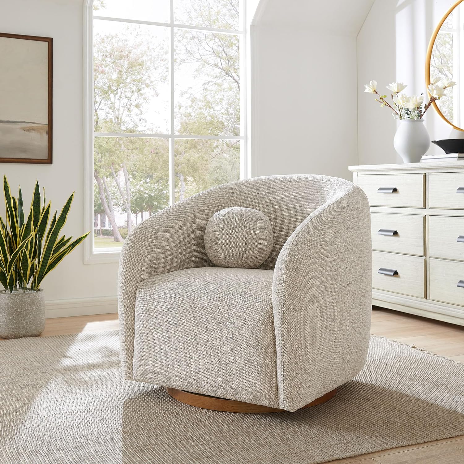 Modway Holland Curved Swivel Armchair in Dove Gray – Chenille Fabric Barrel Chair with Ball Throw Pillow and Wood Base – Mid-Century Modern Curved Living Room Accent Chair