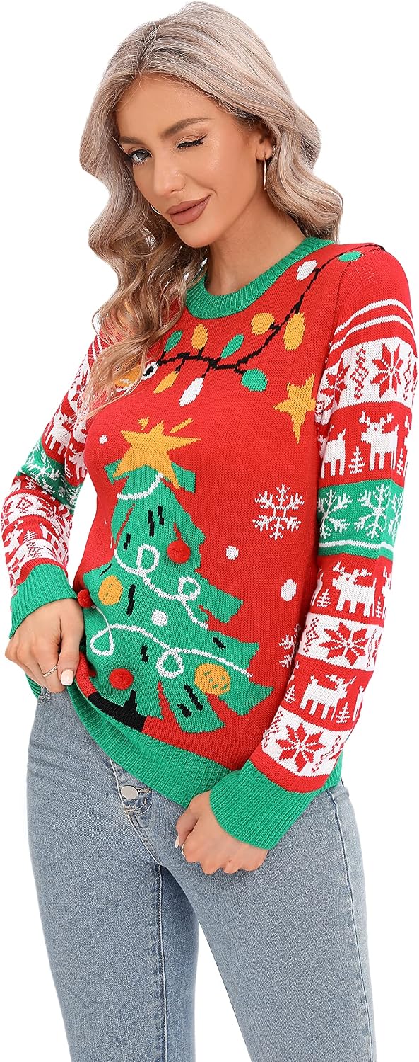 LUBOT Ugly Christmas Sweaters for Women Cute Fuzzy Funny Wintertime and Holiday Parties Knitted Pullover Sweater Tree-M