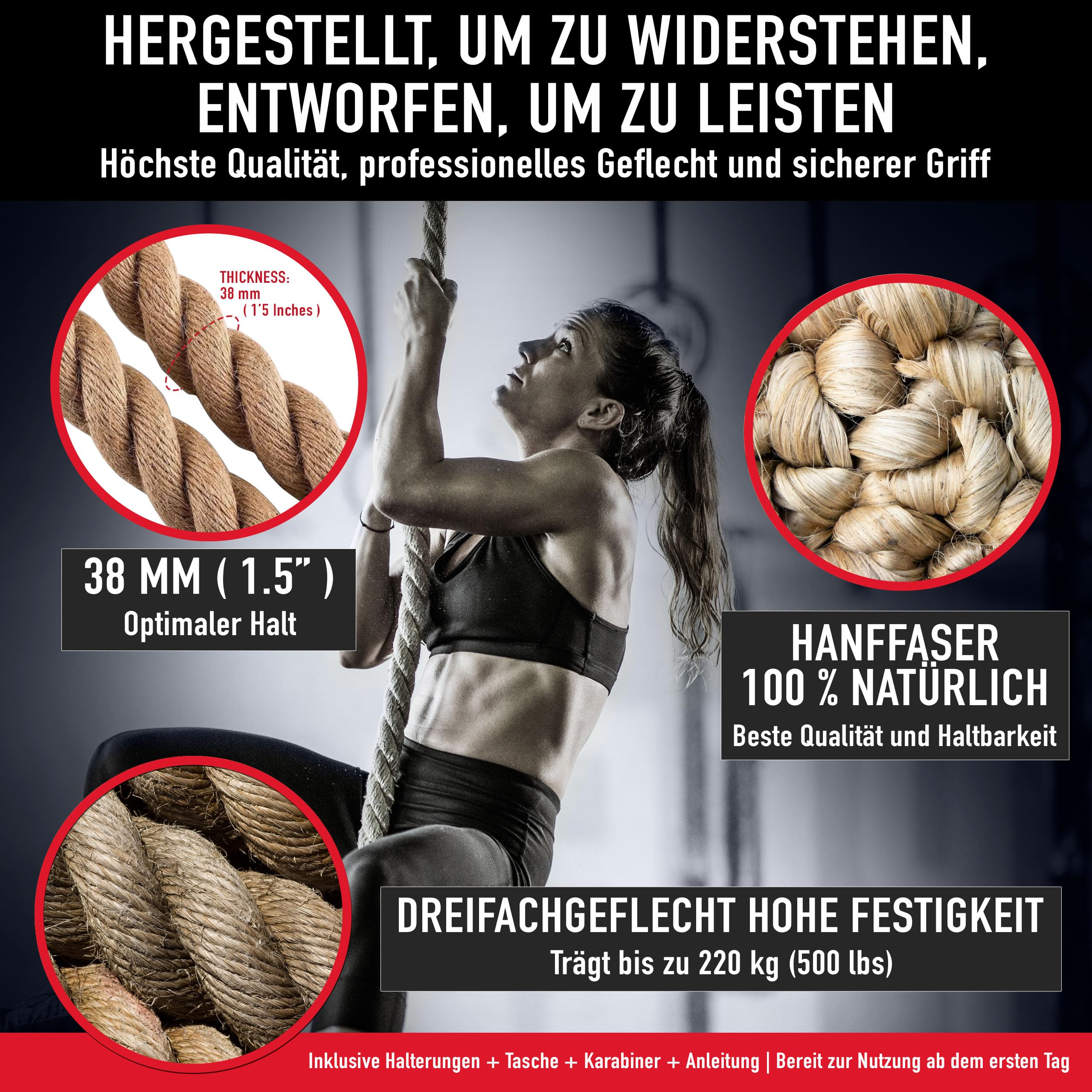 38 Millimeter Juteseil zum Klettern, 3-6 Meter | Kletterseil mit Karabinerhaken und Aufhänger für Crossfit, Fitness, Fitnessstudios und Feuerwehrtraining (38 mm X 3,5 m)