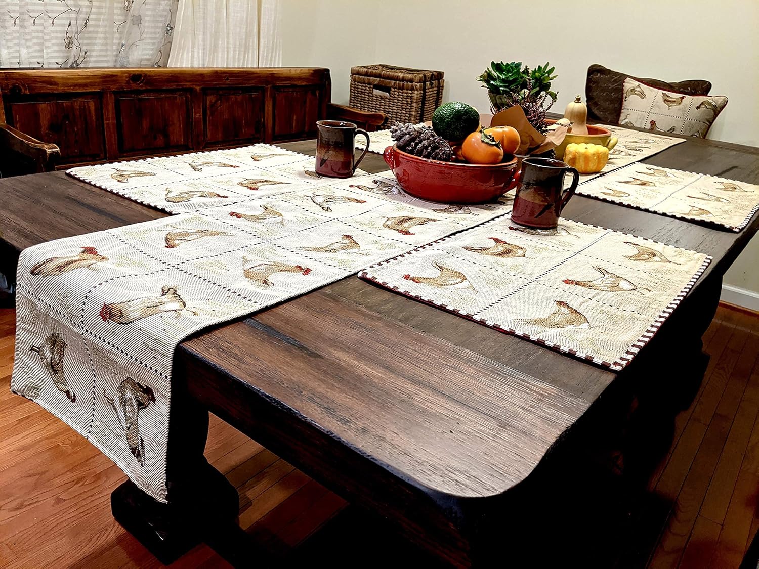 Tache Country Farmhouse Rooster Placemat Set of 4 Hens Chickens Antique Vintage Traditional Home Beige Woven Tapestry Decorative Thanksgiving Placemats, 13x19”