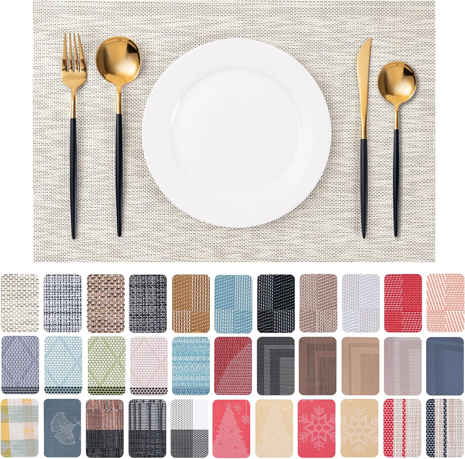 CADONO Beige Placemats Set of 4 - Washable Non-Slip Heat-Resistant Vinyl Table Mats for Indoor/Outdoor Dining