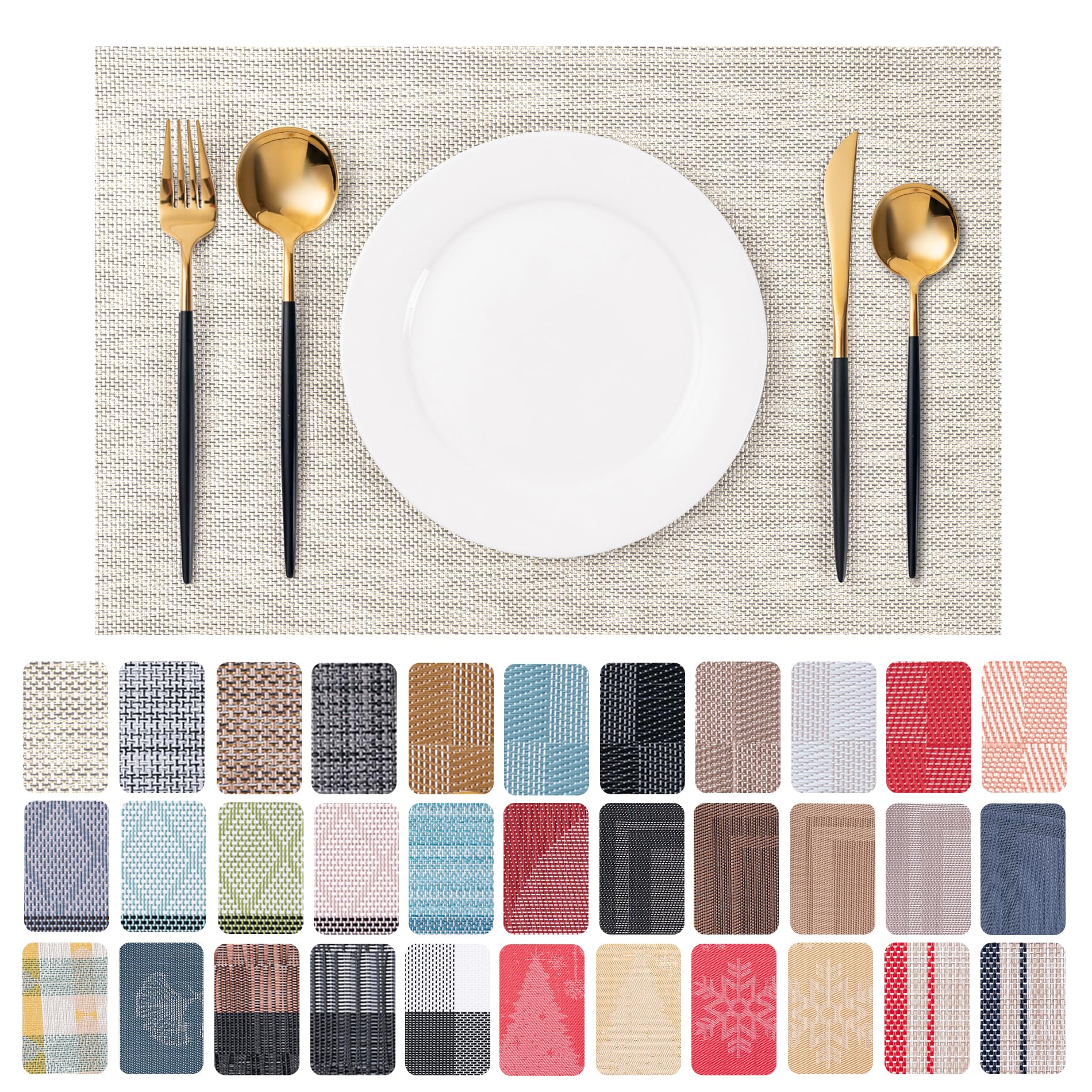 CADONO Placemats Set of 4 Washable Indoor/Outdoor Vinyl Place Mats for Dining Table Durable Non-Slip Heat Resistant PVC Weave Table Mats（Beige）