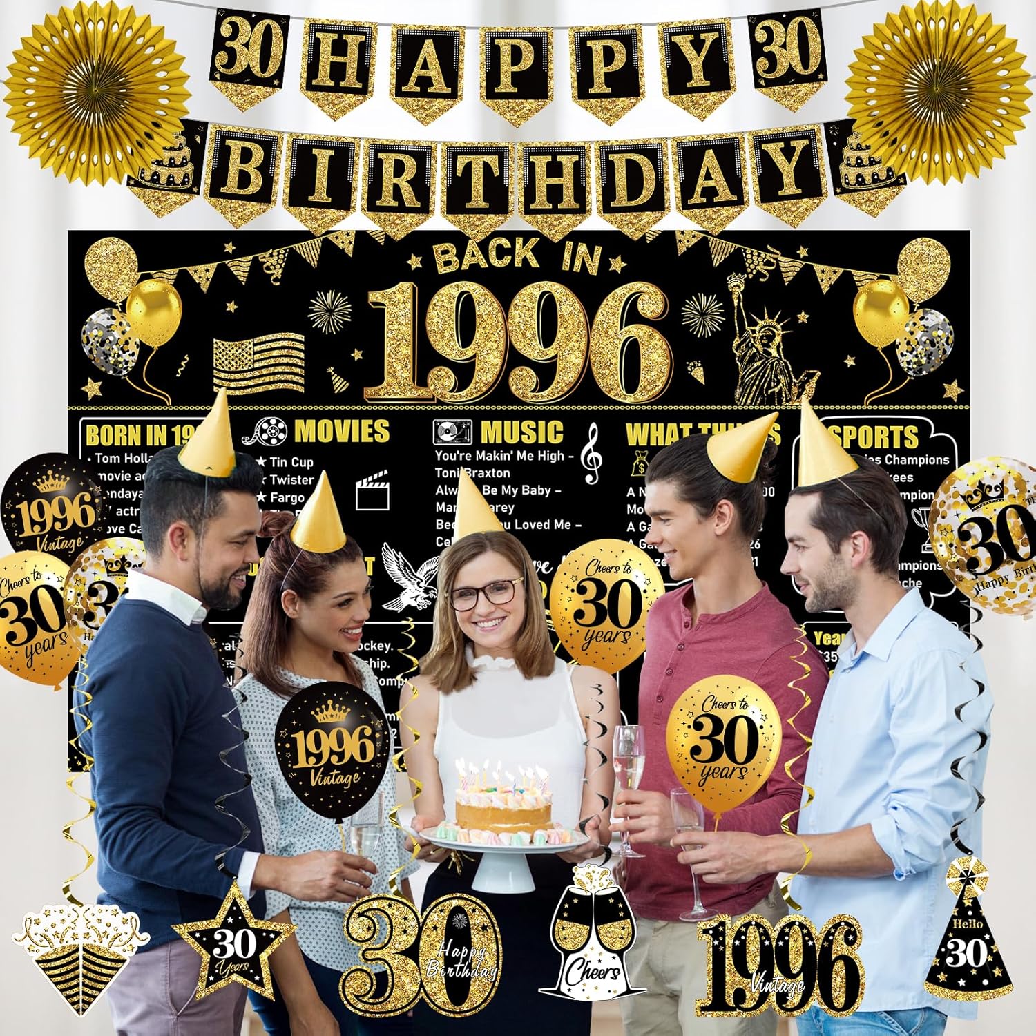 30th Birthday Decorations Kit for Him Men Women, Black Gold 24PCS Back in 1996 Banner Decorations , Vintage 1996 Banner Wooden Table Sign Poster Hanging Swirl Balloons Paper Fans Cheers to 30 years - Image 5