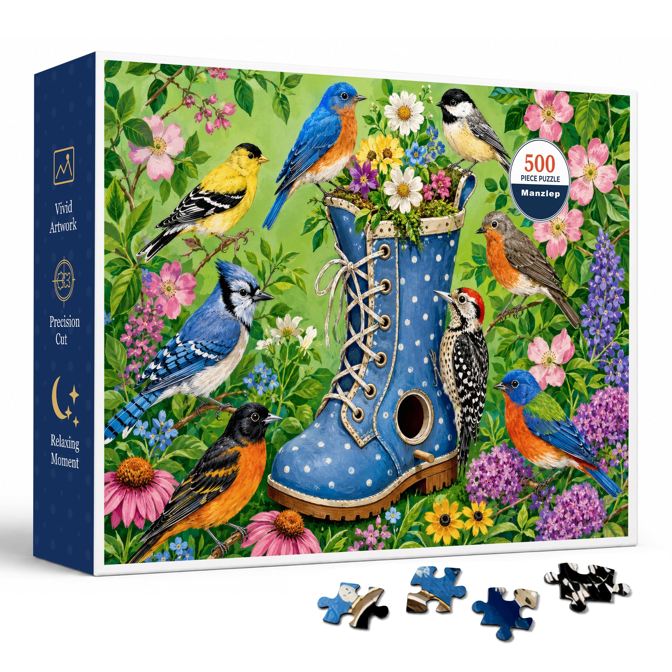 Bird Garden Boot 500 Piece Jigsaw Puzzle for Adults, Colorful Songbirds and Wildflowers Around a Blue Polka Dot Birdhouse Boot, Nature Art Puzzle with Clear Sections, A4 Poster, 20.5 x 15 in