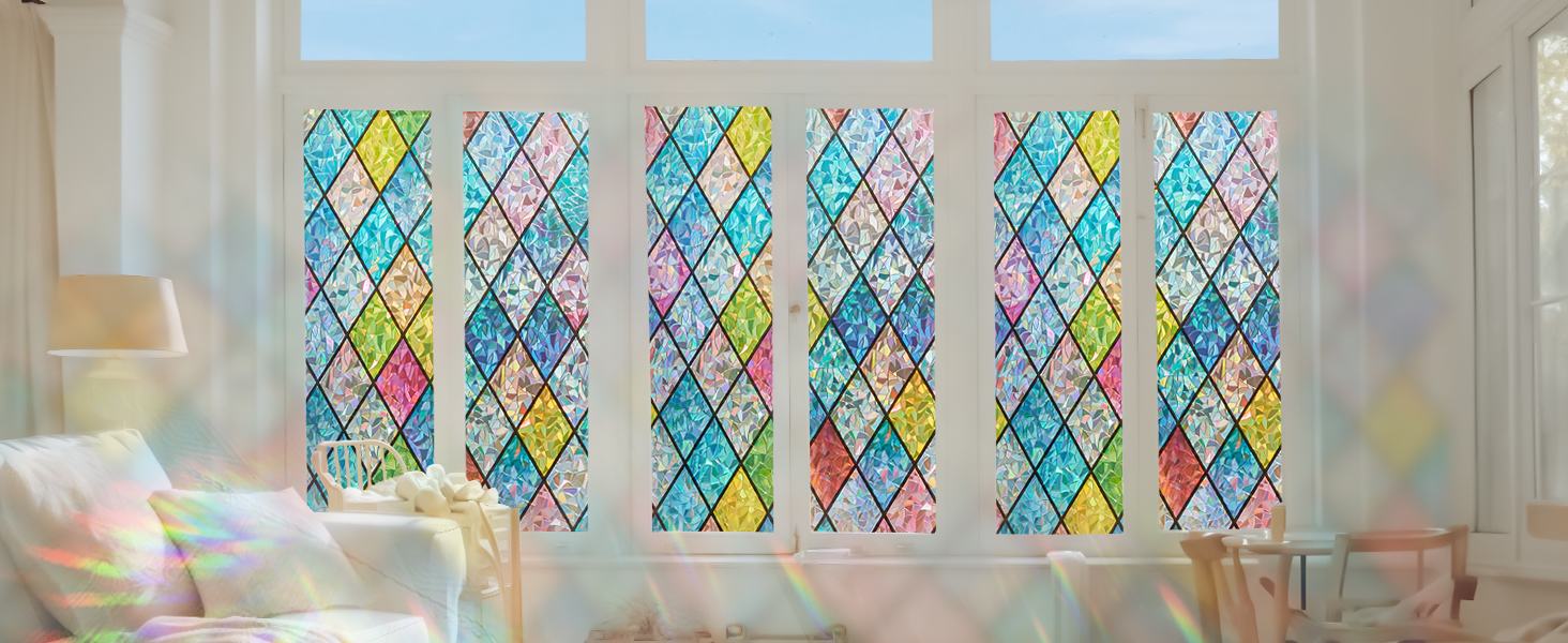 Rainbow Stained Glass Window Privacy Film - Peel & Stick Decorative Cling 17x39 Inches, Light Filtering & Artistic