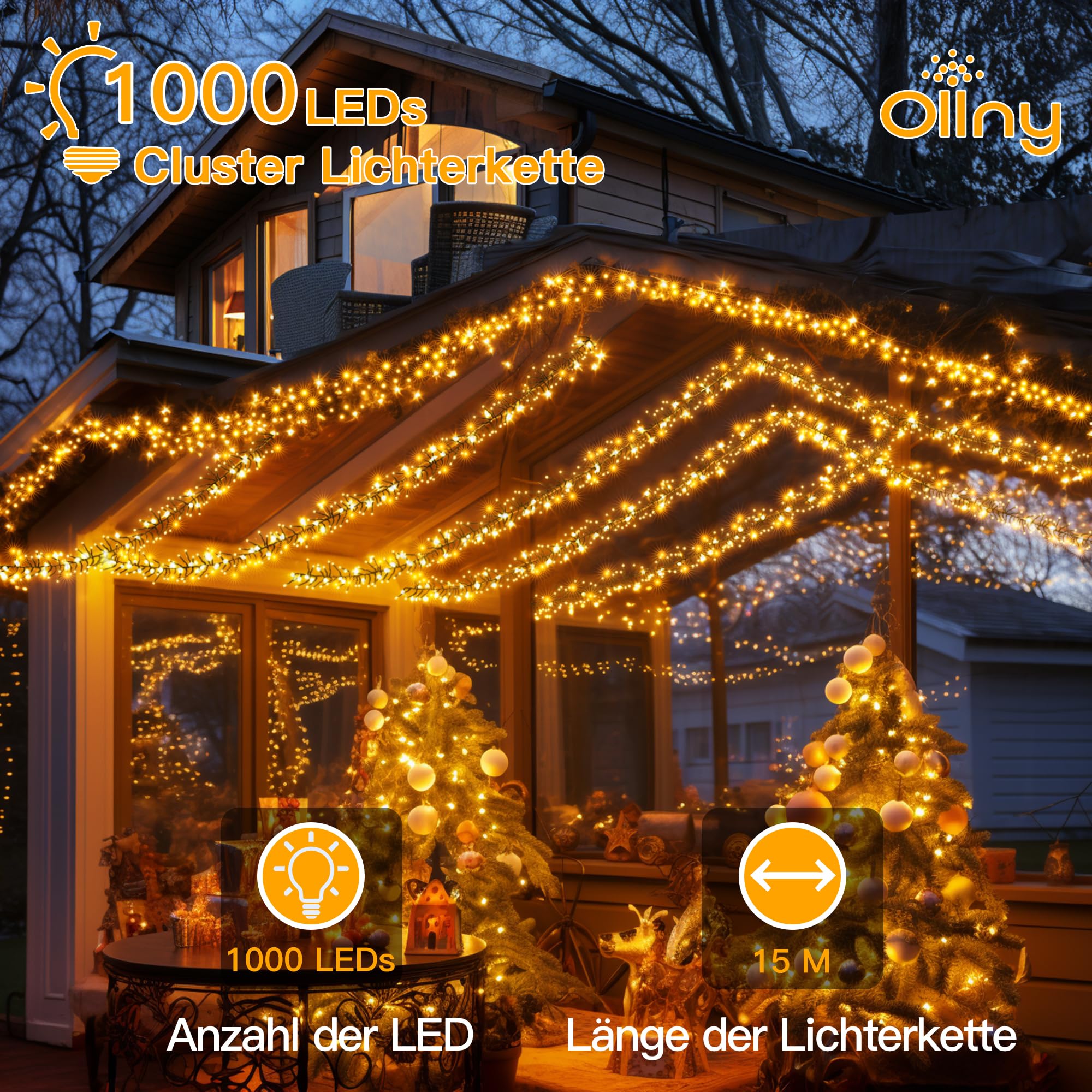 Ollny 15m Lichterkette außen 1000 LEDs, Lichterketten mit 8 Modus und Timer, Cluster Lichterkette outdoor IP44 wasserdicht mit Stecker, für Weihnachtbaum Hochzeit Party (warmweiß)