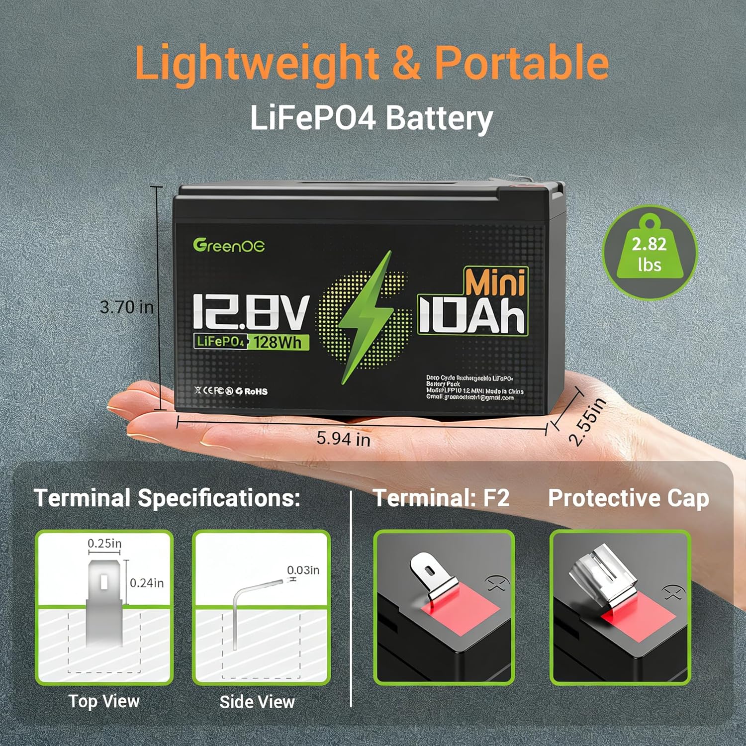 12V 10Ah Lithium Battery, 3000+ Deep Cycles 12V 10Ah LiFePO4 Battery, Built-in 10A BMS, IP65 Waterproof Rechargeable Battery for Fish Finder, Power Wheels, Solar/Wind Power, Lighting, Ride-on Toy