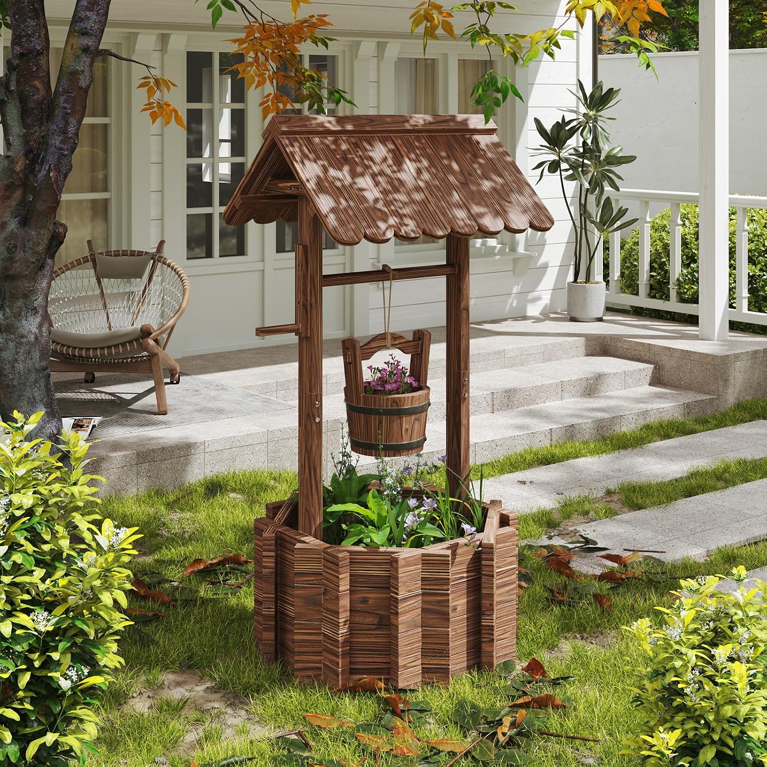 oneinmil Wishing Well Planter for Yard, Outdoor Large Wooden Wishing Well with Hanging Bucket for Flower and Plants Wishing Well for Outside, Patio, Garden, Lawn Backyard Decor 21.7" Diameter