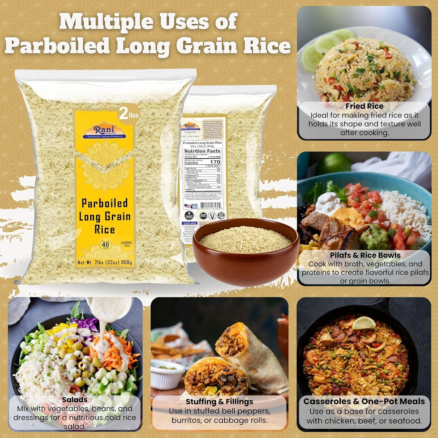 Rani Parboiled Long Grain Rice 32oz (2lbs) 908g ~ All Natural | Gluten Friendly | Vegan | Non-GMO | Kosher | Product of USA image 3