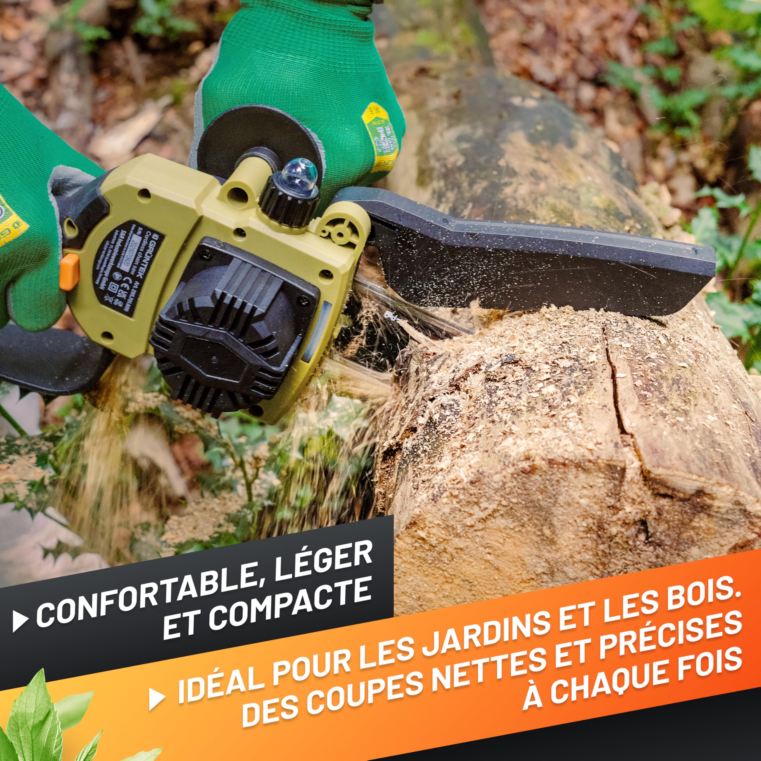 GRÜNTEK Mini Tronçonneuse à Batterie Sans Fil Brushless 21V Élagueuse Scie de Jardin Electrique avec 2 Batterie, 2 Chaînes. Kita avec accessoires de Jardin Gants et Lunettes