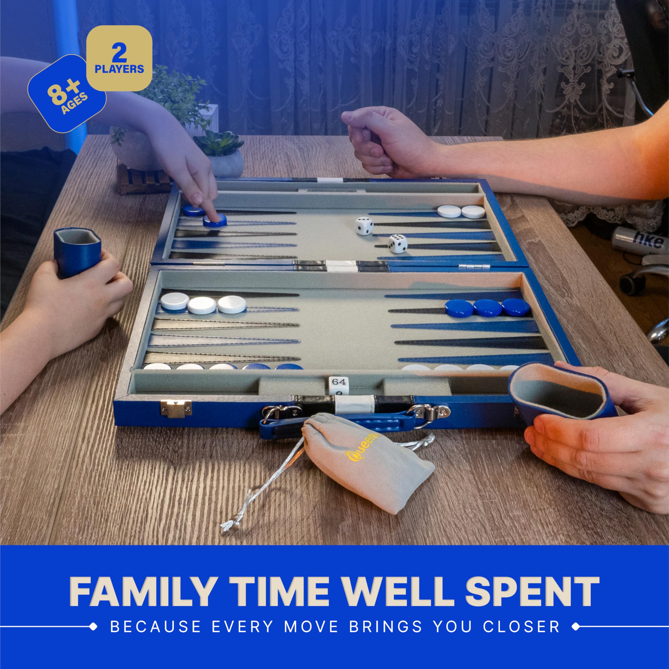 Zestaw do gry w backgammon dla dorosłych – 38 cm, gra planszowa ze skóry PU, klasyczny zestaw dla 2 graczy, 32 klocki, kostkami i kubkami