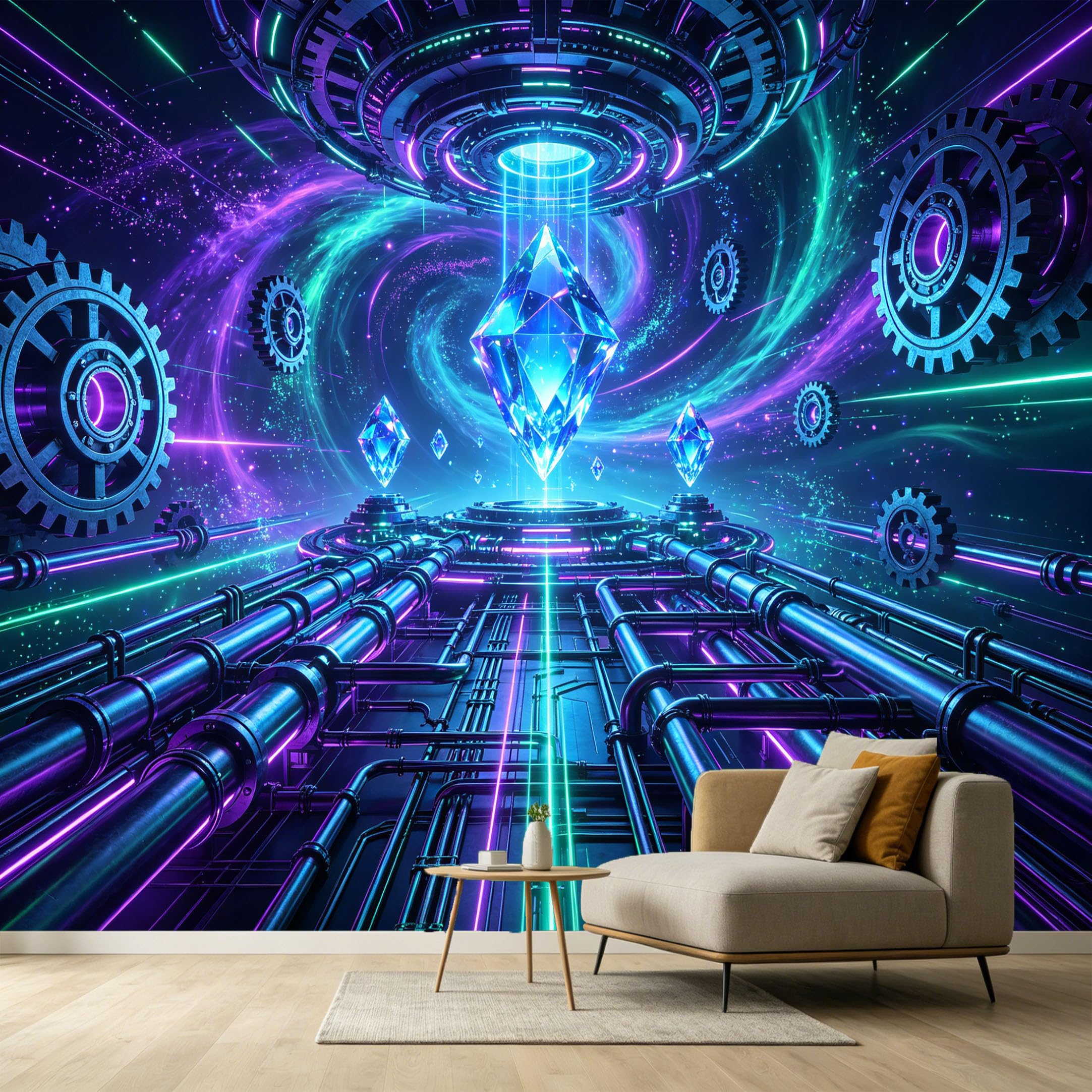 Custom Size Wall Murals Futuristic Cyberpunk Science Fiction Galaxy Crystal Gears SelfAdhesive Wall Fabric Removable Large Wallpaper for Photo Living Room Interior Decor
