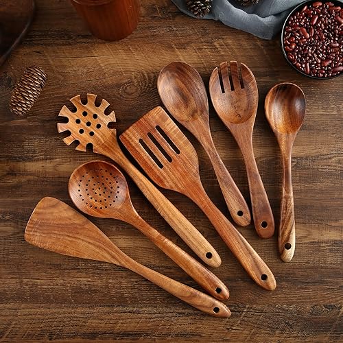 Miniatura 5 de Utensilios de cocina de madera, 8 cucharas de madera de teca natural, espátulas y barril de almacenamiento de madera para sartén antiadherente