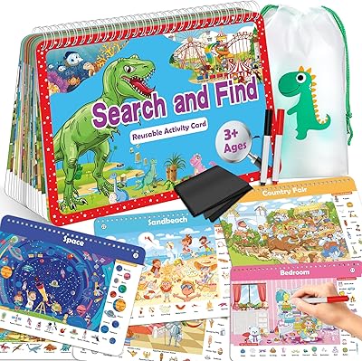 Elfew Search and Find Book for Kids Ages 3 to 8, Reusable Activity Mats with 2 Dry Erase Markers 24 Themes Activity Book,Educational Toys for 3+ Year Old