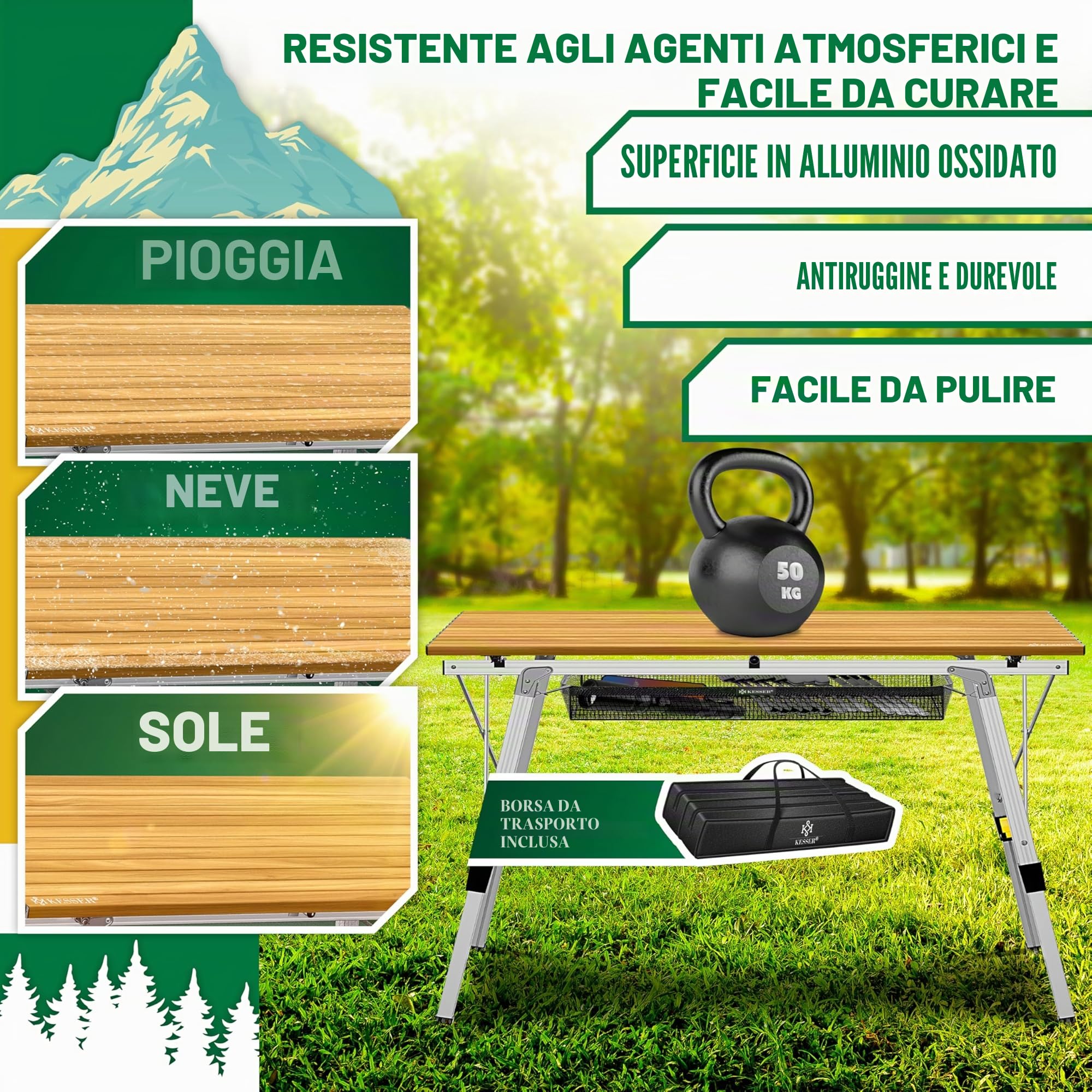KESSER® Tavolo da Campeggio Pieghevole Tavolo Pieghevole Tavolo da Campeggio con Telaio in Alluminio Piano del Tavolo Arrotolabile Tavolo Pieghevole con Regolazione dell'altezza