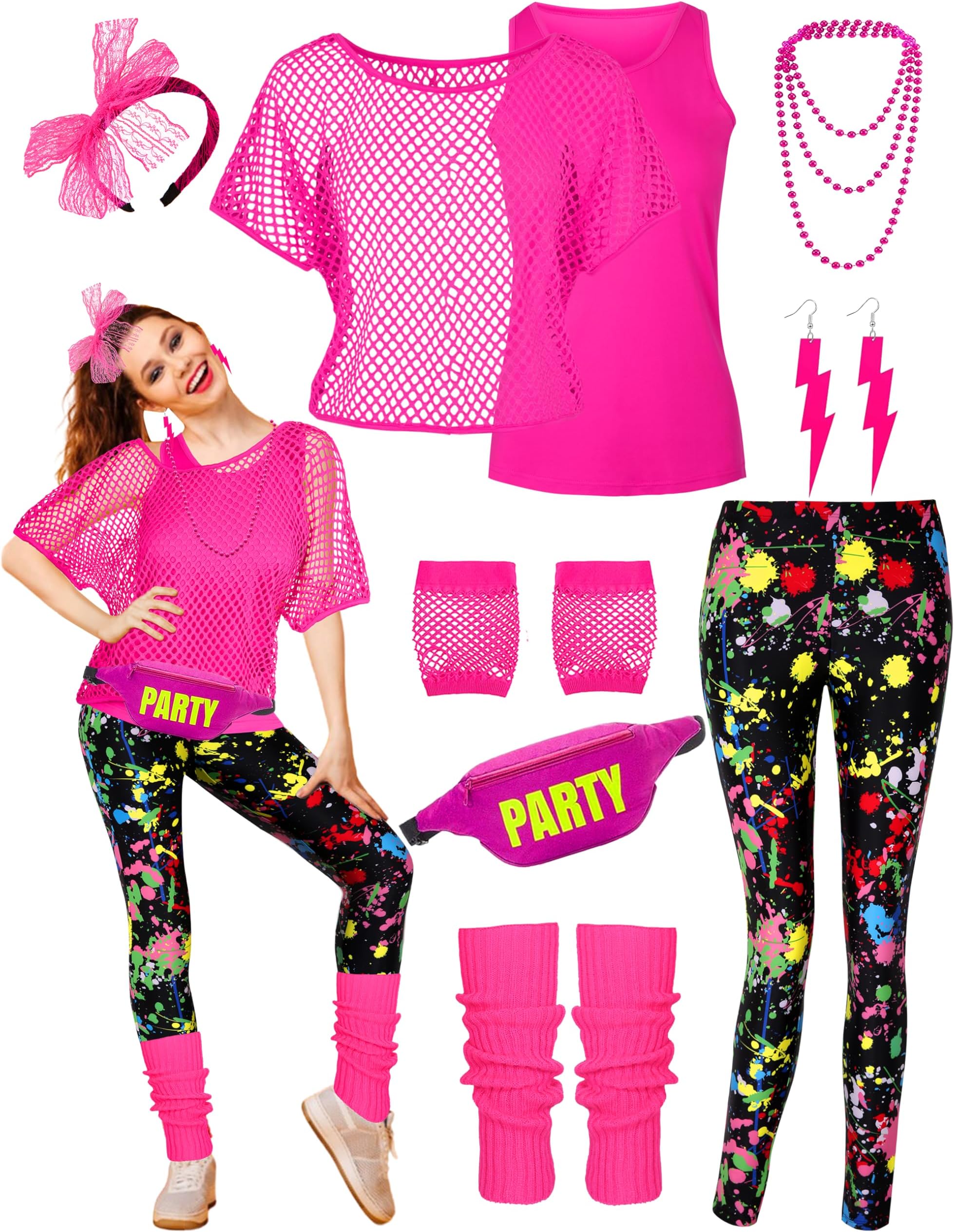 CICOCI80s Outfit For Women Neno Party Fishnet Top Costume with 80s Accessories Set Retro Party Leg Warmers Headband