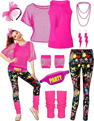 CICOCI Traje de los años 80 y 90 para mujer, disfraz de los años 80 con accesorios de los años 80, calentador de piernas para fiesta retro