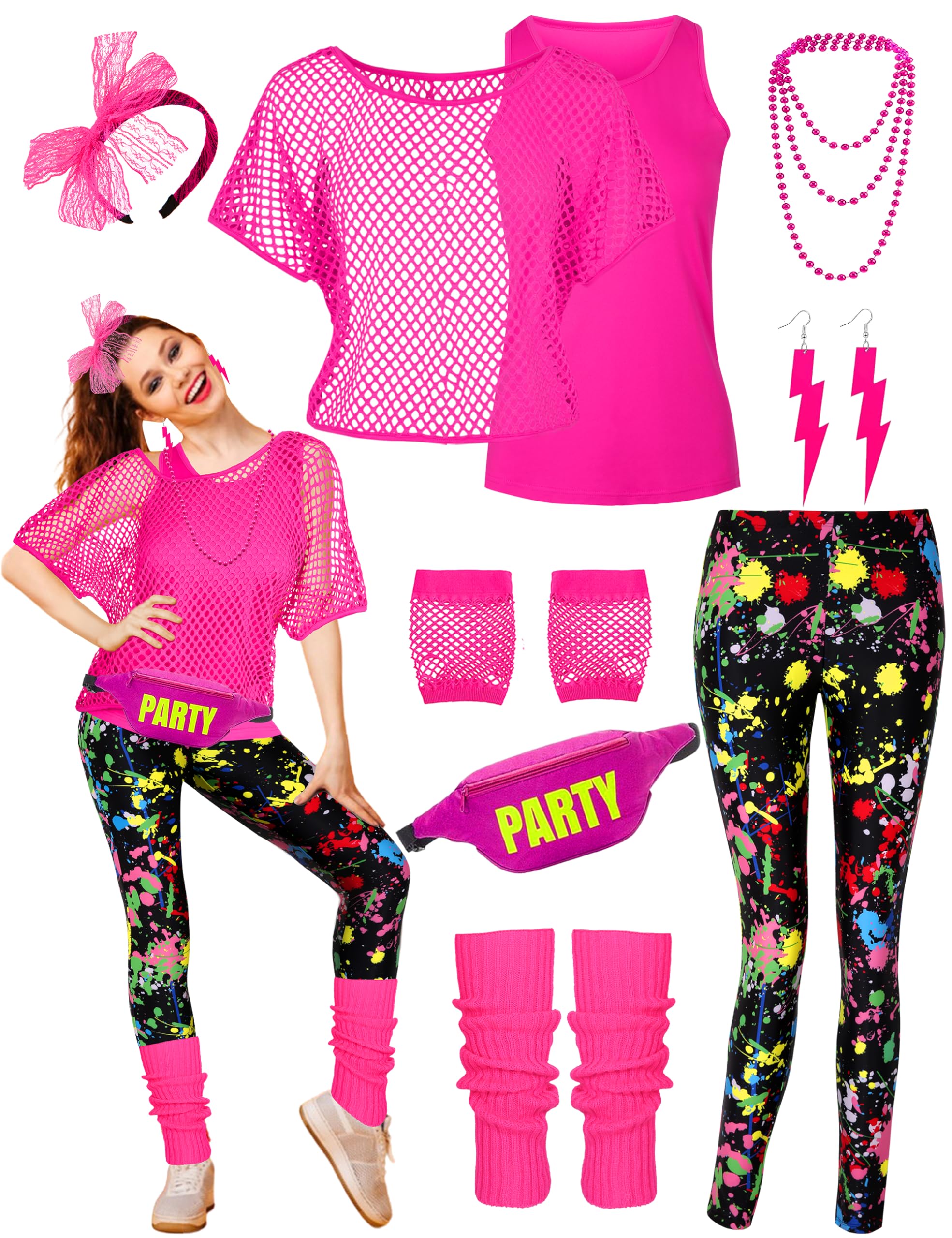 CICOCI80s Outfit For Women Neno Party Fishnet Top Costume with 80s Accessories Set Retro Party Leg Warmers Headband