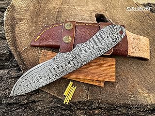 Damascus Steel Blank Blade Hunting Knife Fixed Blade EDC Survival Knife for Men - Fixed Blade Knife Making kit, Pins, Knife with Sheath, Handle Scales for Knife Making (LEADER WOOD) - SUSA KNIVES