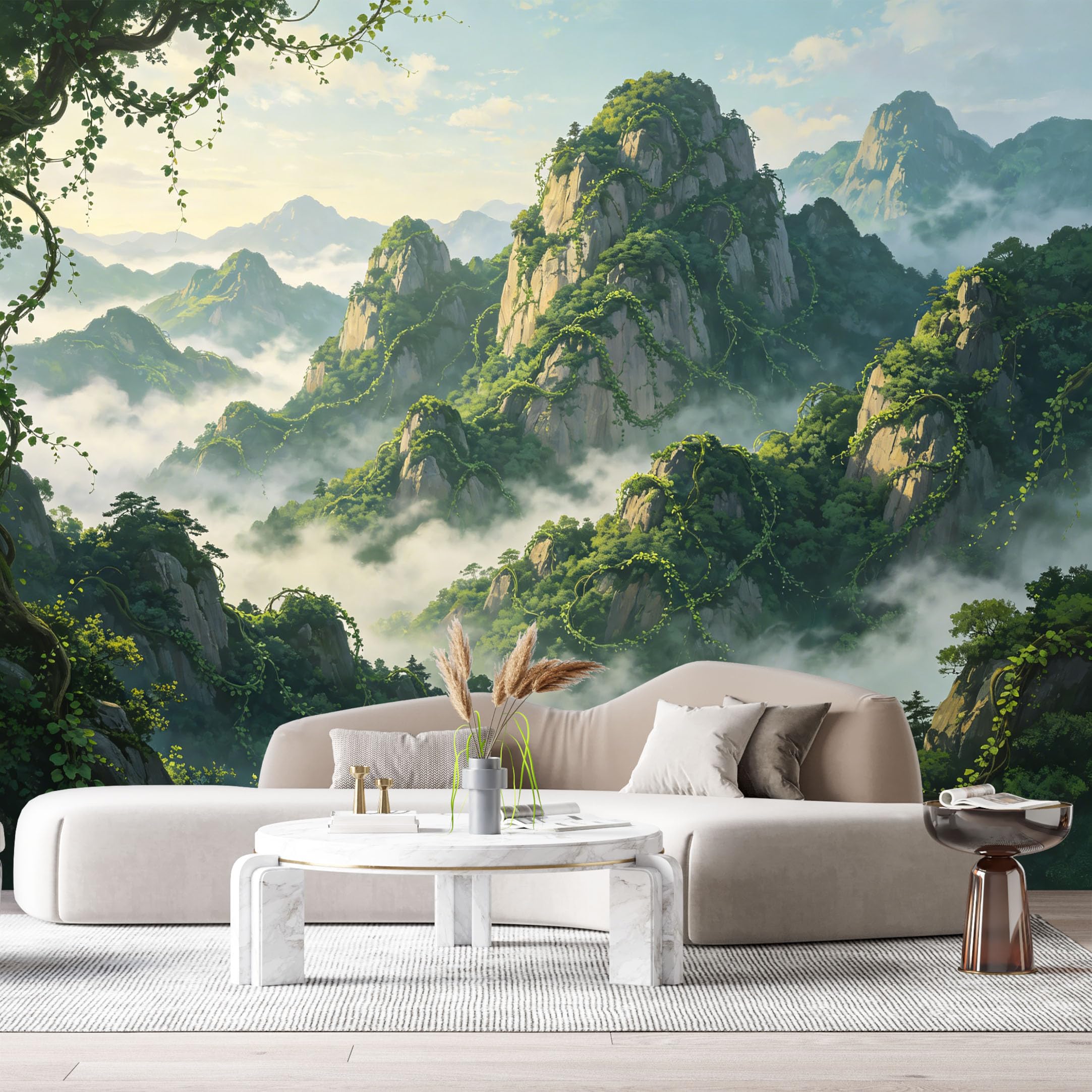 Custom Size Wall Murals Misty Mountain Forest Landscape Oil Painting Cliff Vines SelfAdhesive Wall Fabric Removable Large Wallpaper Photo for Living Room