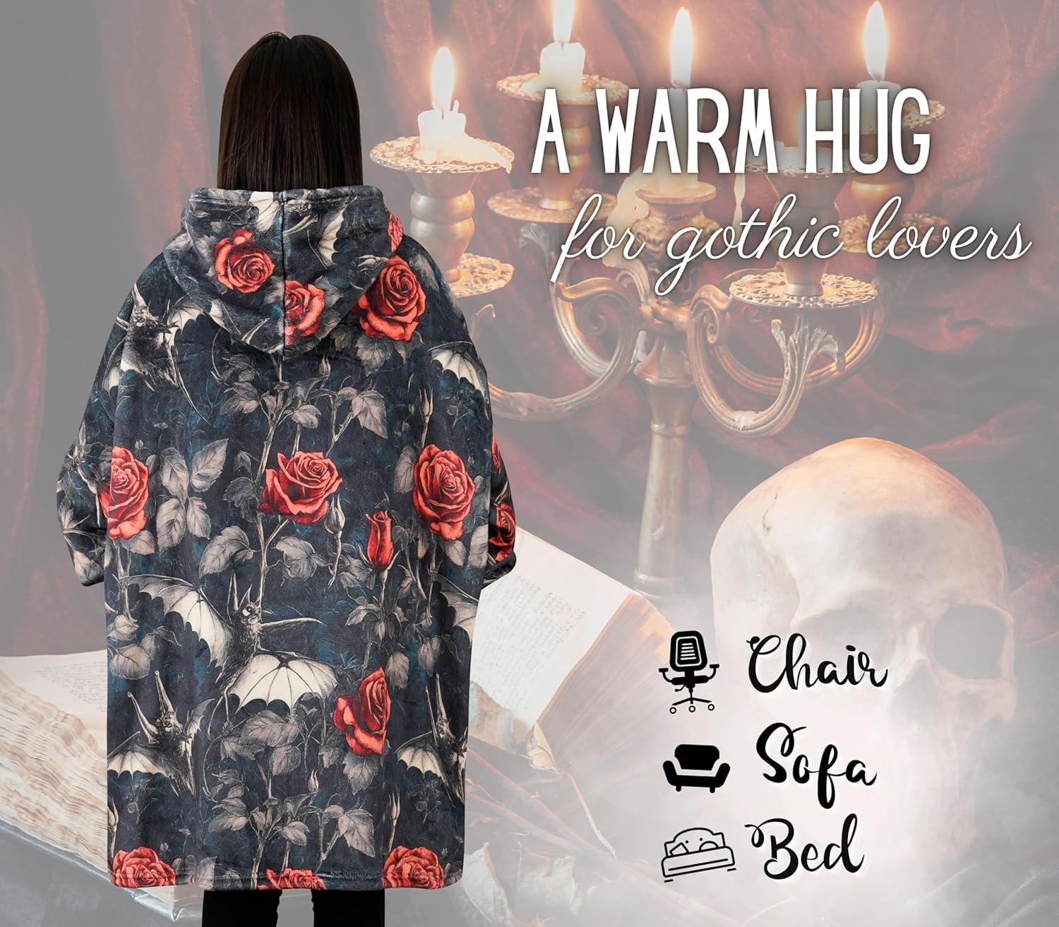 Goth Gifts for Women, Wearable Flannel Blanket Hoodie, Gothic Blanket for Girls on Birthday, Halloween, Christmas, Soft Warm Cozy with Two Large Pocket, Rose - Image 6