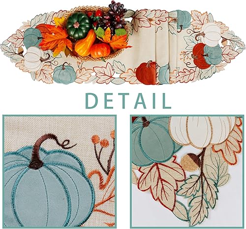 Miniatura 3 de OWENIE Camino de mesa de otoño, calabazas de Acción de Gracias, camino de mesa de 70 pulgadas de largo, cosecha bordada, decoración de otoño para el