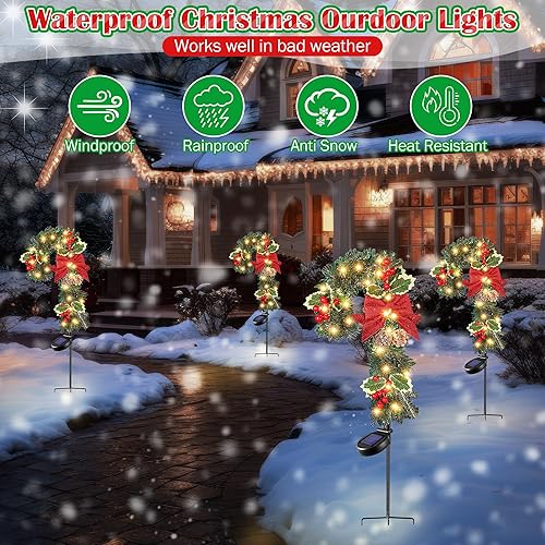 Miniatura 6 de Enhon Paquete de 2 luces solares de Navidad para exteriores, luces solares de bastón de caramelo de Navidad con LED blanco cálido, luces decorativas