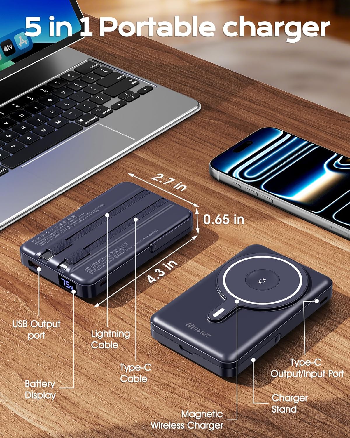 for Magsafe Portable Charger, 10000mAh Magnetic Power Bank with Foldable Stand, PD 22.5W Fast Charging with USB-C Cable, Wireless Portable Charger for iPhone 17/16/15/14/13/12 Series, Blue - Image 6