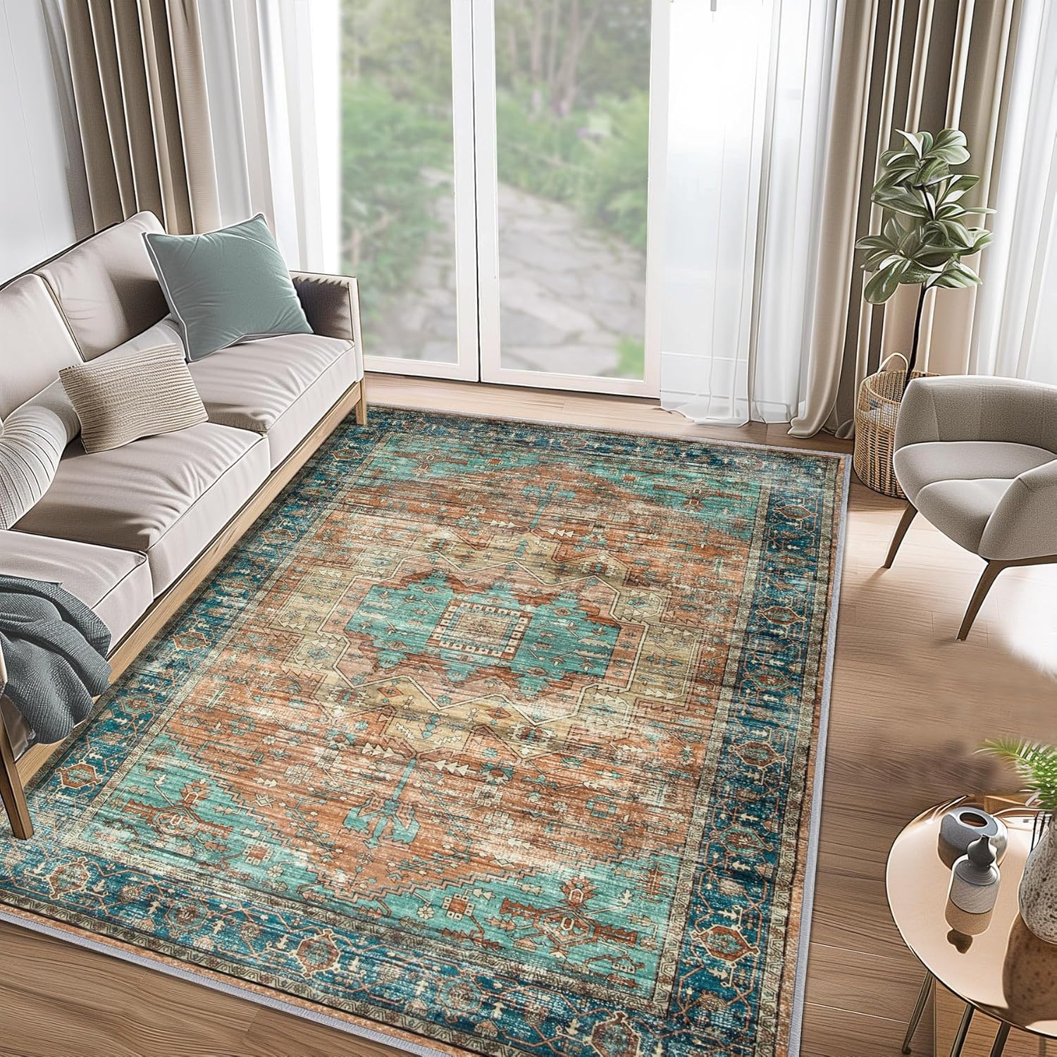 Washable Area Rug 8x10: Boho Rugs for Living Room Non-Slip Low Pile Moroccan Rug Oriental Print Indoor Carpet for Dining Room Bedroom Home(Brick Red, 8x10)