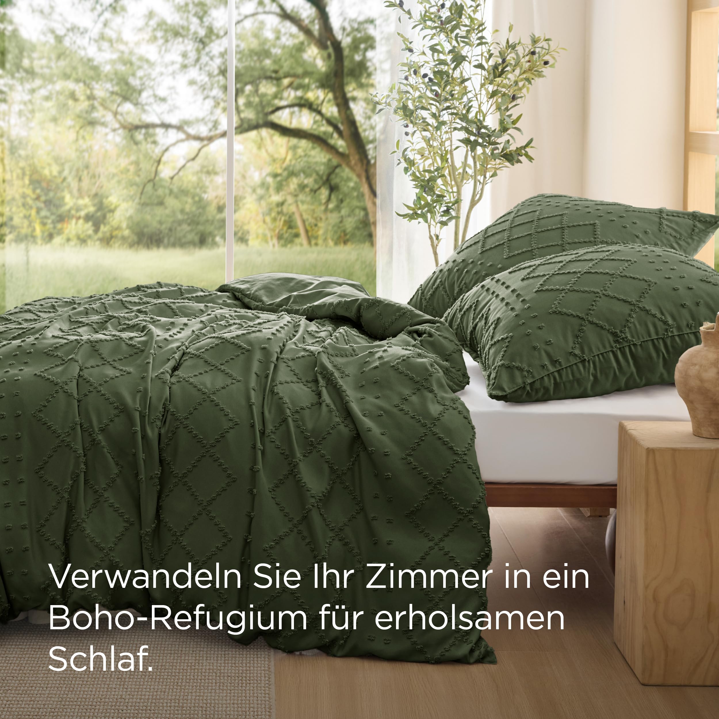 BEDSURE Juego de ropa de cama Boho de 135 x 200 cm, 2 piezas, color verde oliva, con 1 funda de almohada de 80 x 80 cm, con cremallera Öko-Tex