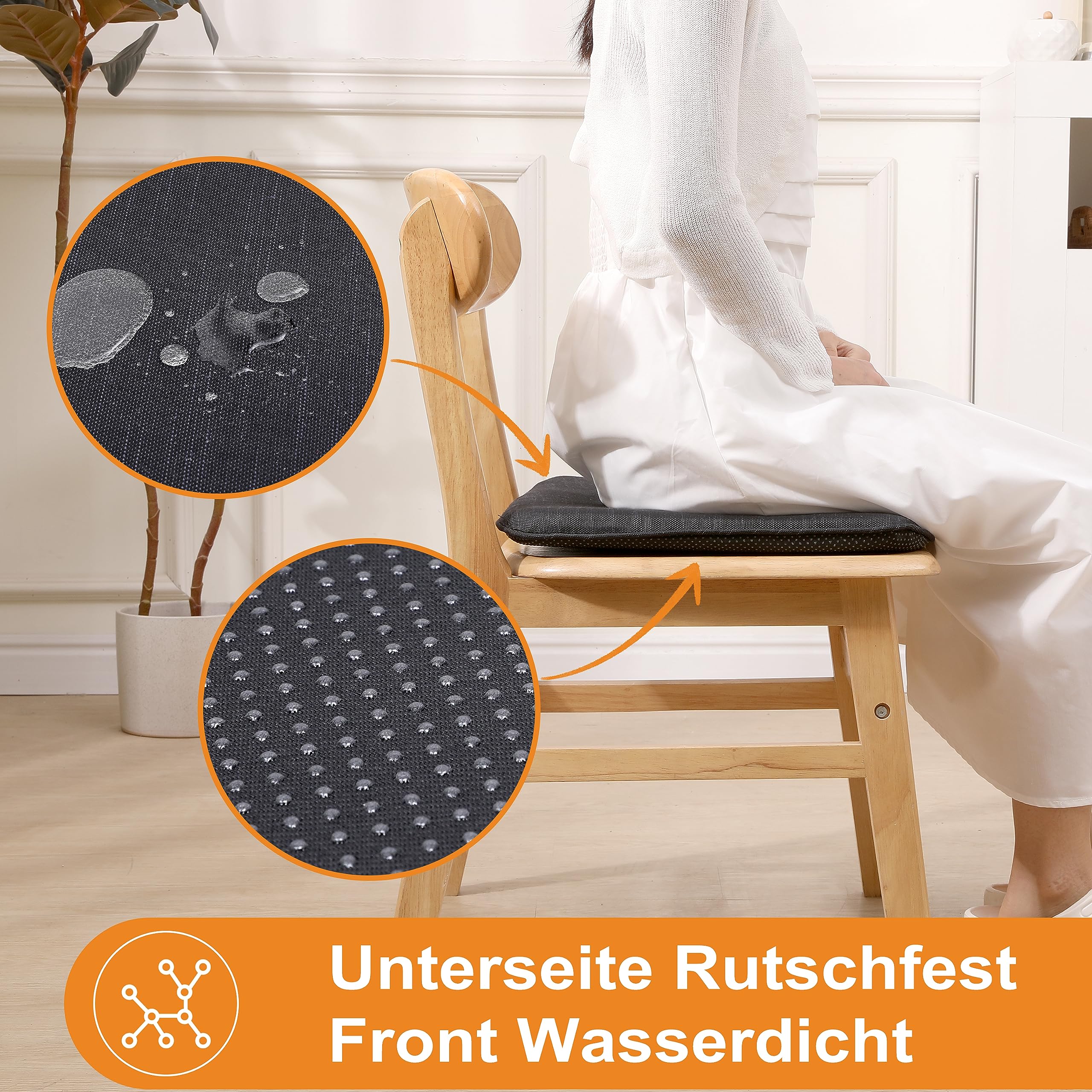 RACE LEAF 6er-Set Sitzkissen 40,5 x 40,5 cm Memory Foam Sitzauflagen, Wasserdicht, rutschfest, Dicke Stuhlkissen für Esszimmerstuhl, Bürostuhl, Gartenstuhl, Schwarz